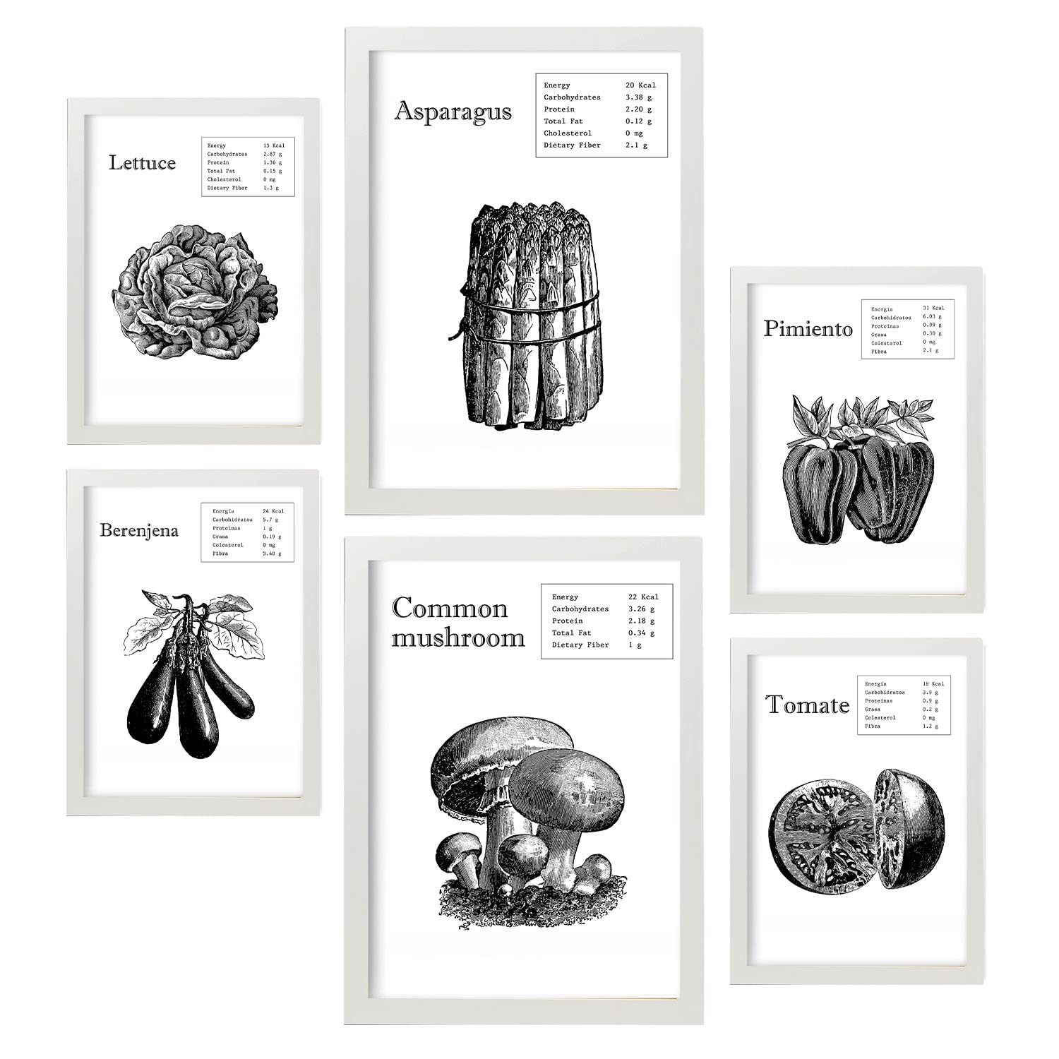 Nacnic Set of 6 Vegetable posters. Collection of posters in collage aesthetic for interior decoration. Sizes A3 and A4. White frame.