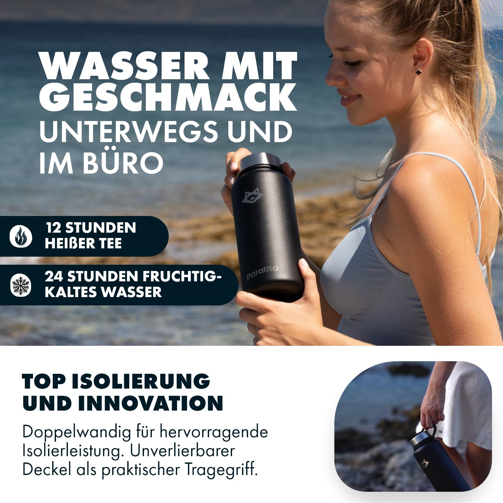 Trinkflasche isoliert mit Fruchteinsatz 1L, Isolierflasche Edelstahl, auslaufsicher, für Wasser mit Geschmack, Kohlensäure geeignet, spülmaschinenfest (Frucht Bundle Schwarz)