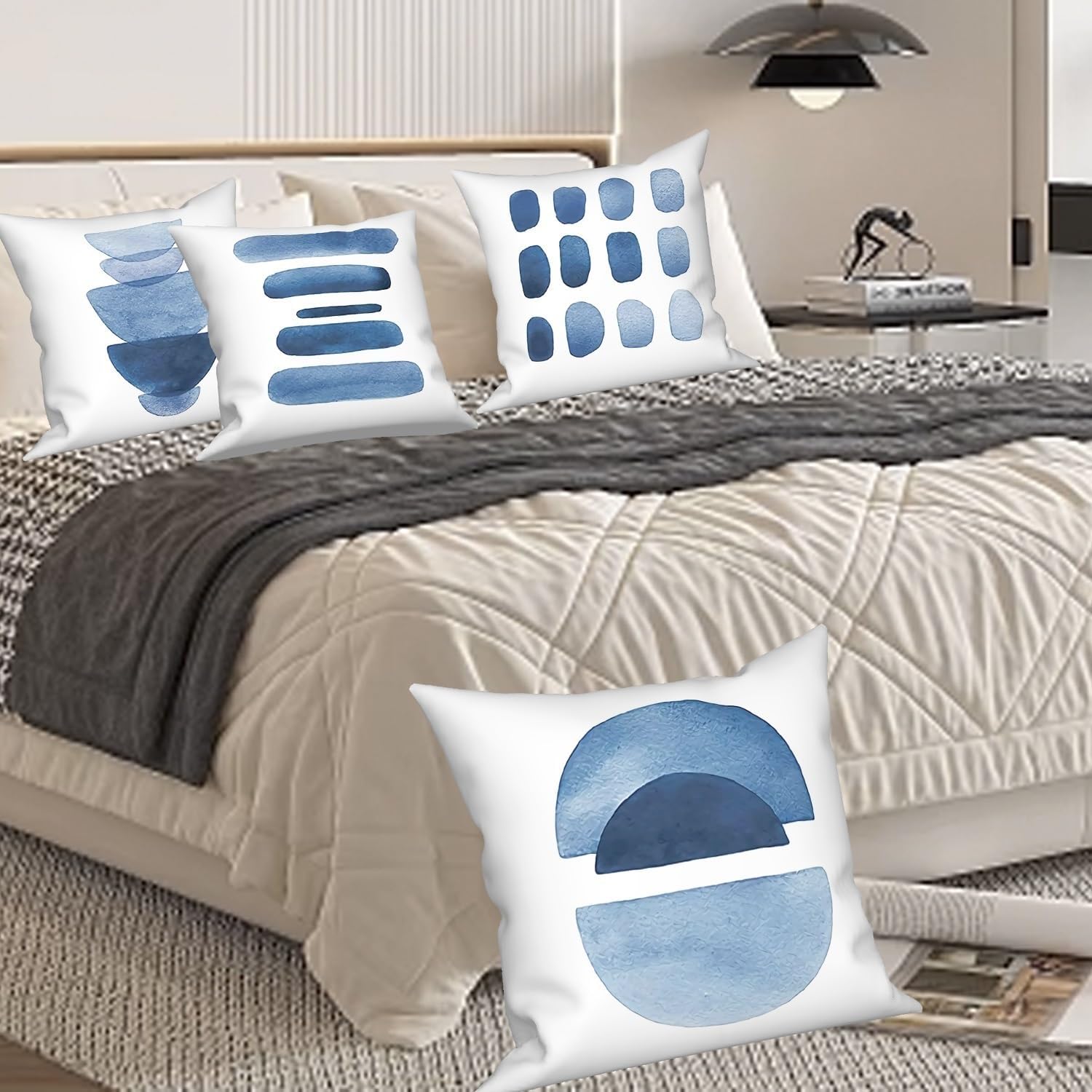 4 Pcs/Set White Abstract Throw Pillow Covers with Blue Geometric Patterns Invisible Zipper Square Cushion Cases for Chairs Couch Balcony Bedroom Home Outdoor 20"x20"