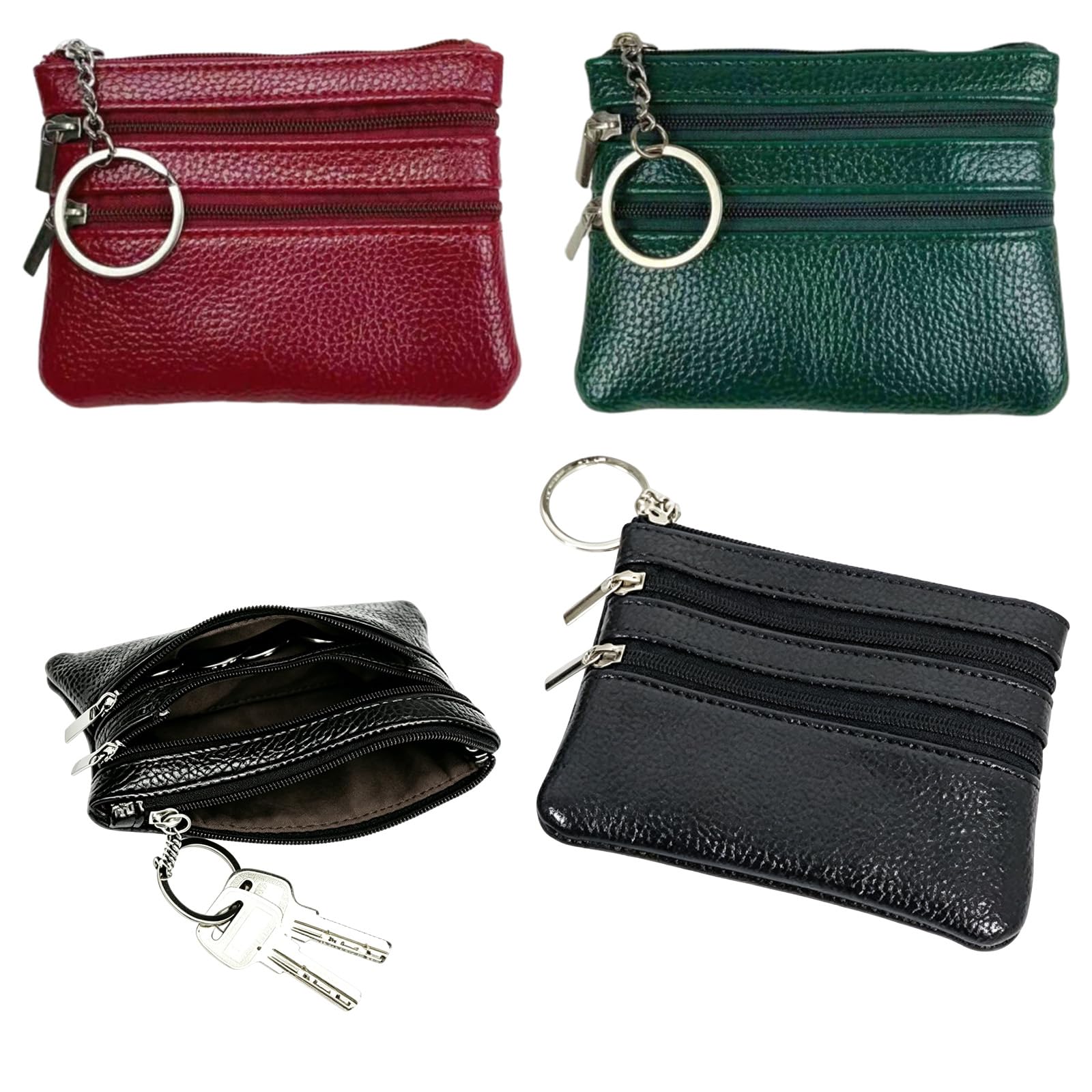 Coin Pouch for Women, Small Pouches Set of Three, Mini Wallet for Daily Essentials, Compact Zipper Coin Purse, Green Black Red Color Combination, PU Material-image-47