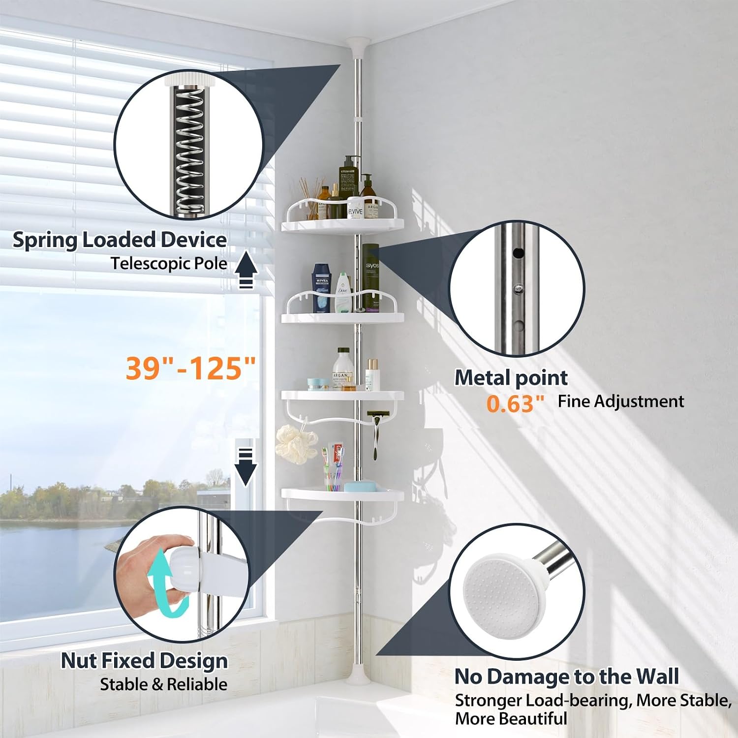 Corner Shower Caddy 4-Tier, 39-125" Adjustable Rustproof Tension Pole, No-Drill Large Bathroom Shelf Organizer for Shampoo, Soap & Accessories, White