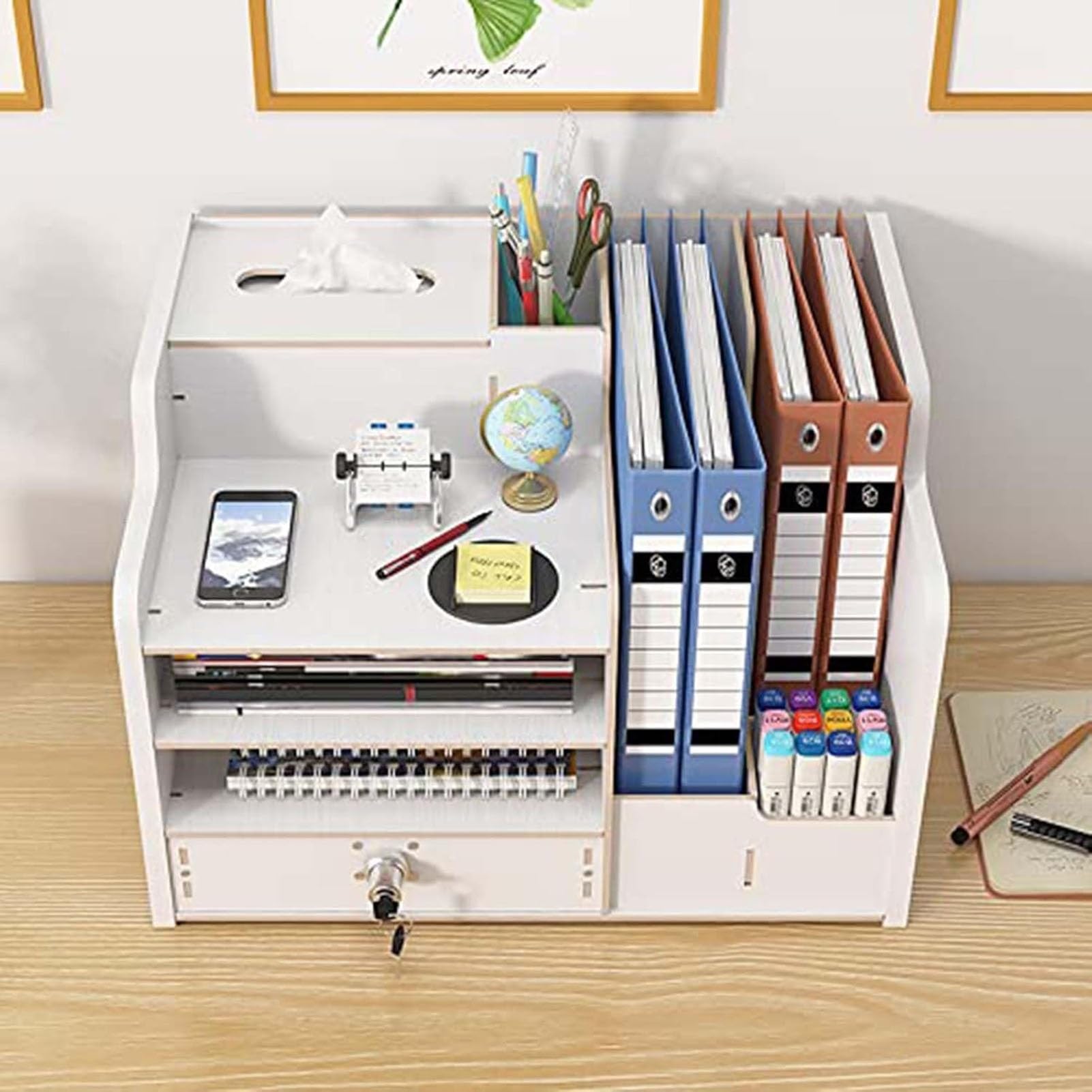 Schreibtisch-Organizer Aus Holz Mit Schublade, Geräumiger Ablagekorb Für Dokumente Und Papier (A4), DIY-Aufbewahrungsbox Für Büromaterialien, Bücherregal Für Zuhause(White)