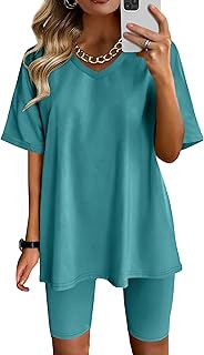Two Piece Outfits For Women Summer V Neck T-Shirt Tops Biker Shorts Workout Sports Tracksuit