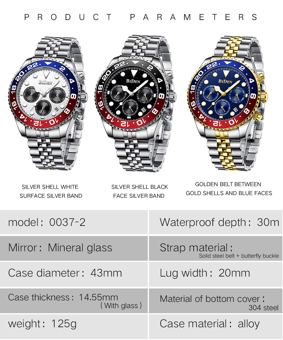 Relojes de pulsera de lujo para hombre, cronógrafo luminoso, analógico, de cuarzo, de acero inoxidable, a la moda, impermeable, Azul, Estándar para hombre, Japonés 6