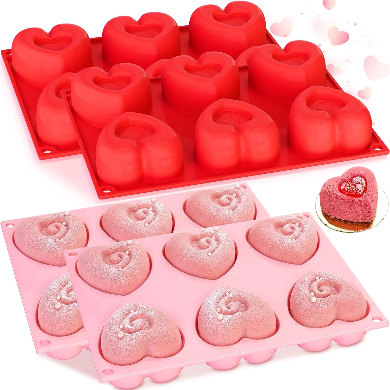 4 Pcs 3D Heart Silicone Mold Bulk 6 Cavity Easy Demold Baking Pan for Love Shaped Pudding Chocolate Cake Candy Resin Soap Valentine Wedding Gift
