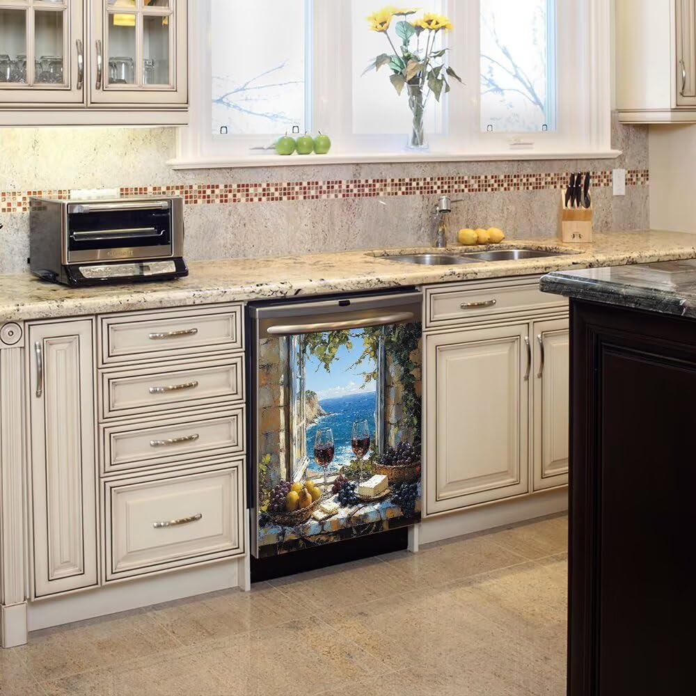 Dishwasher Magnet Cover Window Seaview Wine Dishwasher Front Panel Covers Decorative, Windowsill Fruit Magnetic Appliance Decor Home Refrigerator Magnetic Sticker 23Wx26H Inches