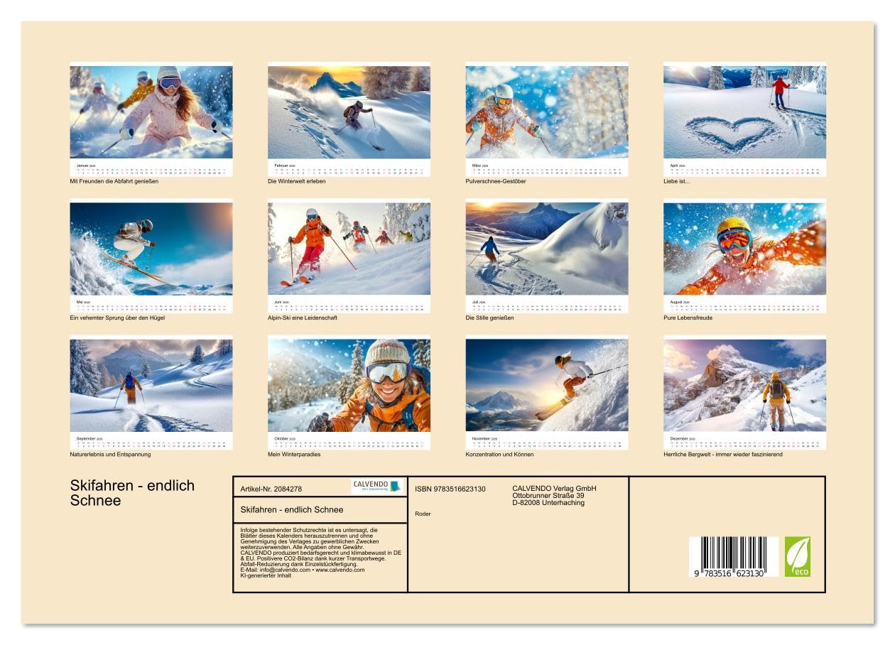 Skifahren - endlich Schnee (hochwertiger Premium Wandkalender 2026 DIN A2 quer), Kunstdruck in Hochglanz: Den Winter zwölf Monate lang genießen. (CALVENDO Sport)