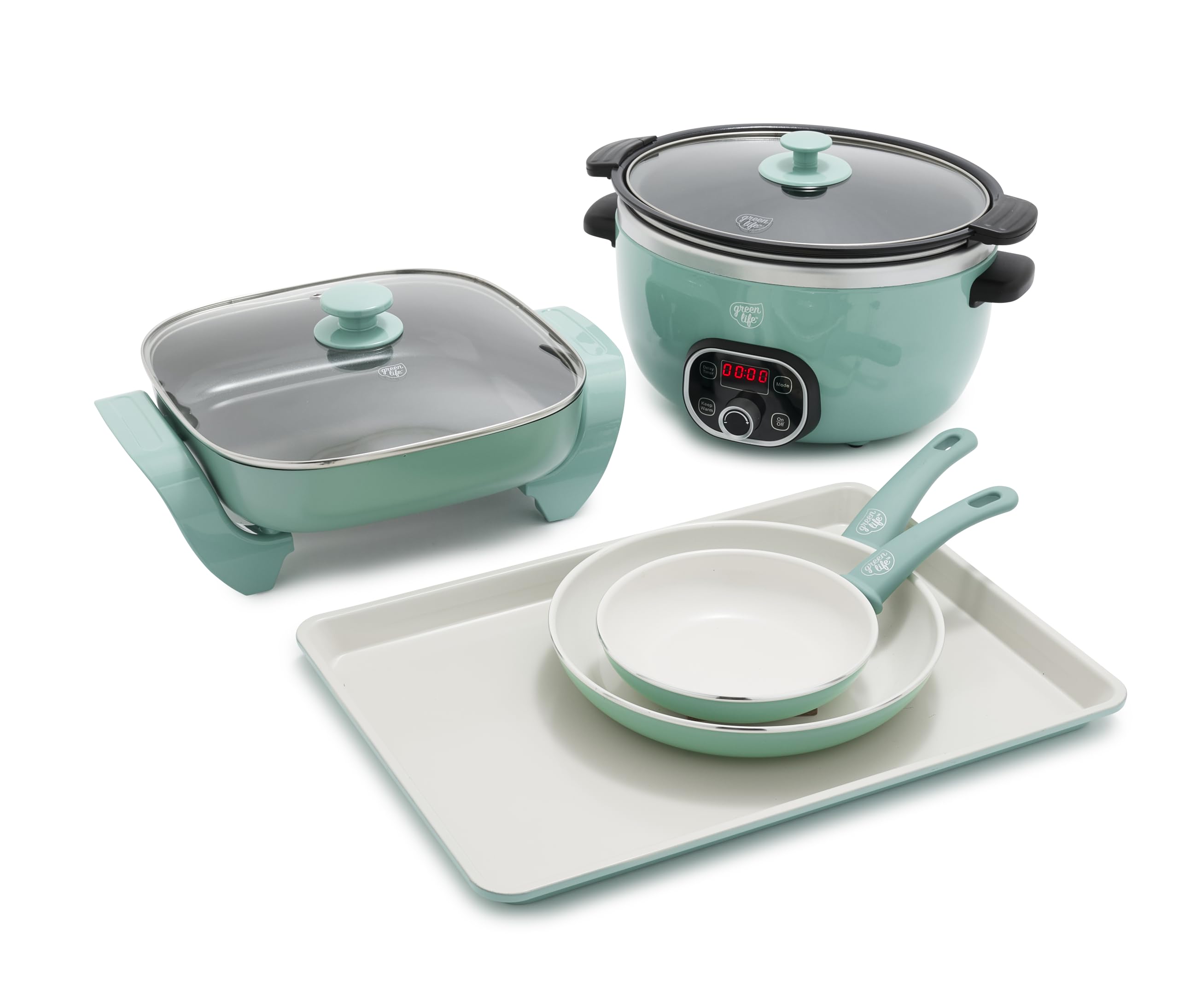 GreenLife 6QT Electric Slow Cooker 12 Electric Skillet Cookie Sheet 7 and 10 Frying Pan Skillet Set Healthy