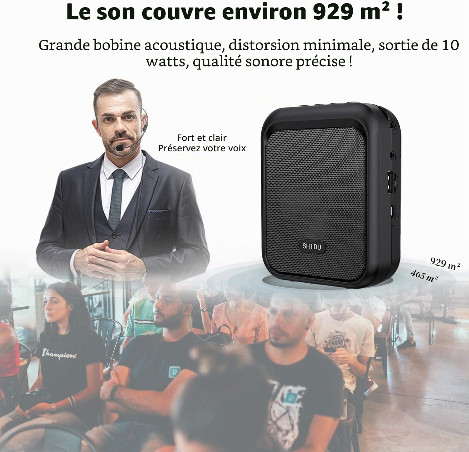 SHIDU mini haut-parleur Bluetooth portable rechargeable avec écouteur filaire 10W 1800mAh, convient aux enseignants, Conducteur de taxi, aux entraîneurs, à la formation, aux guides touristiques