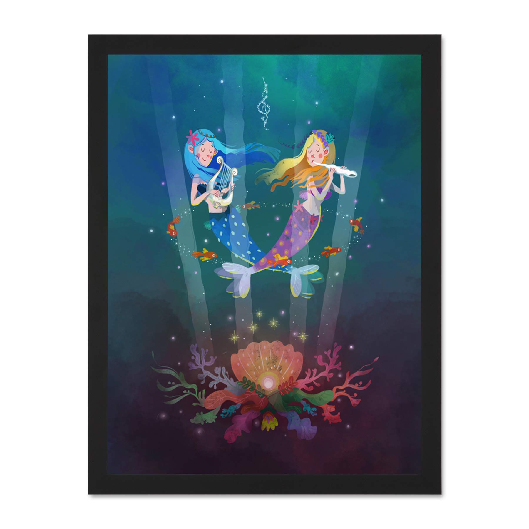 Wee Blue Coo Mermaids Kids Music Art Large Framed Art Print Poster Wall Decor 18x24 inch
