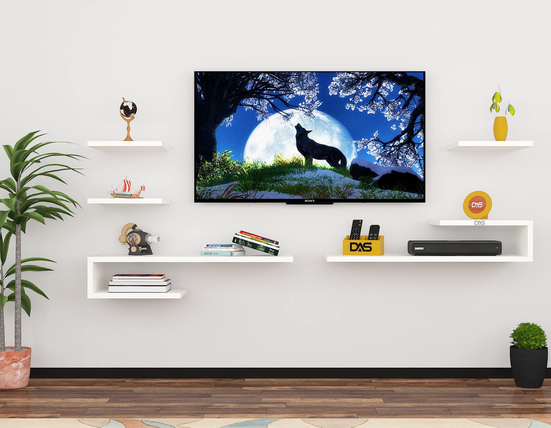 DAS Wall Mount TV Entertainment Unit/with Set Top Box Stand and 3 Wall Shelves Display Rack Frosty White (Ideal for up to 40") Screen- Zeenat