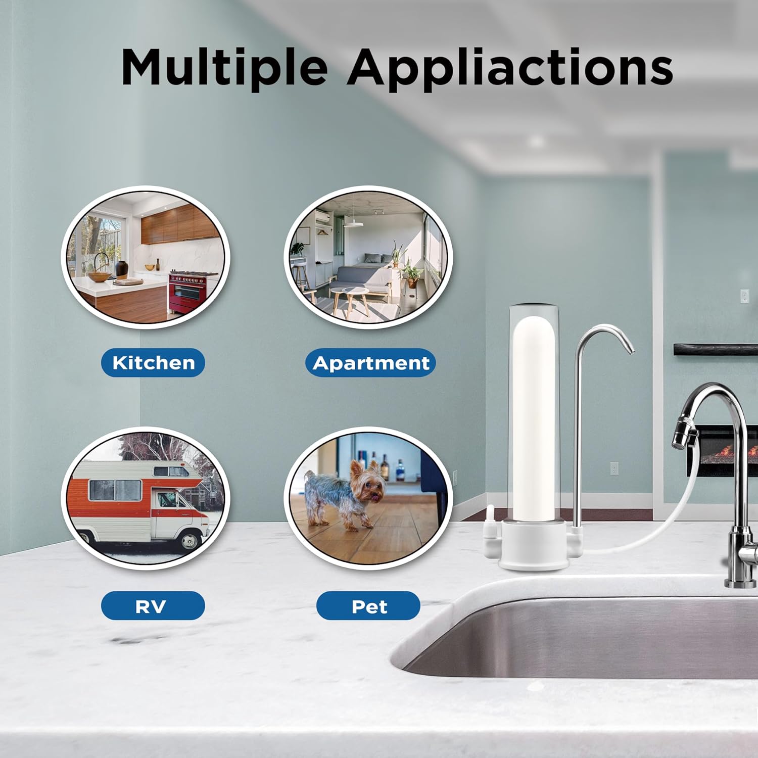 Countertop Water Filter System 8000 Gallons Food Grade ABS Plastic Faucet Water Filter with Washable Ceramic Filter Element Reduces 99% Chlorine, Heavy Metals, Sediment, Bad Taste (1 Filter Included)