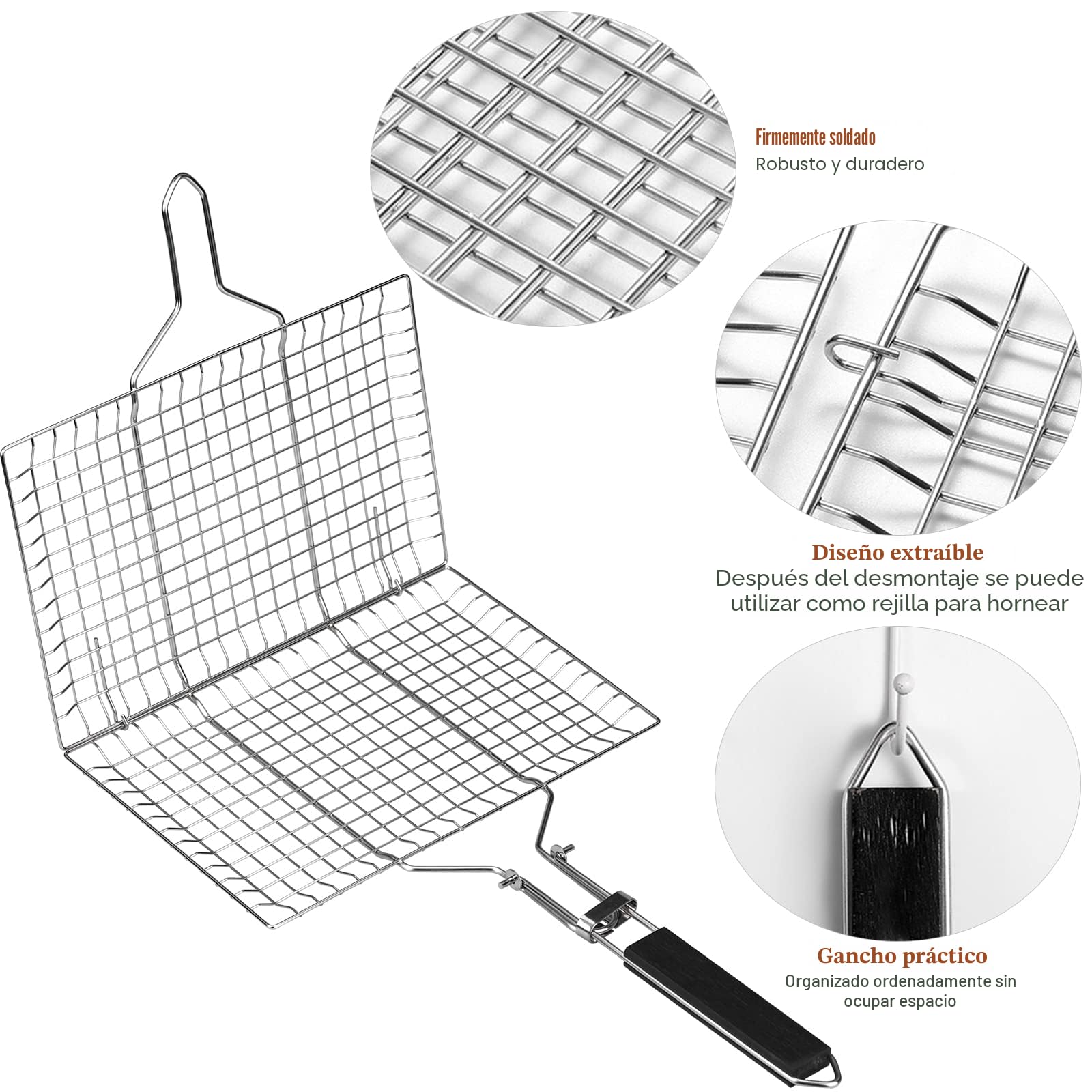 Cesta para Asar Pescado y Verduras - Bandeja de Barbacoa de Acero Inoxidable, Plegable, Portátil - Con Bolsa Oxford y 2 Cepillos de Silicona