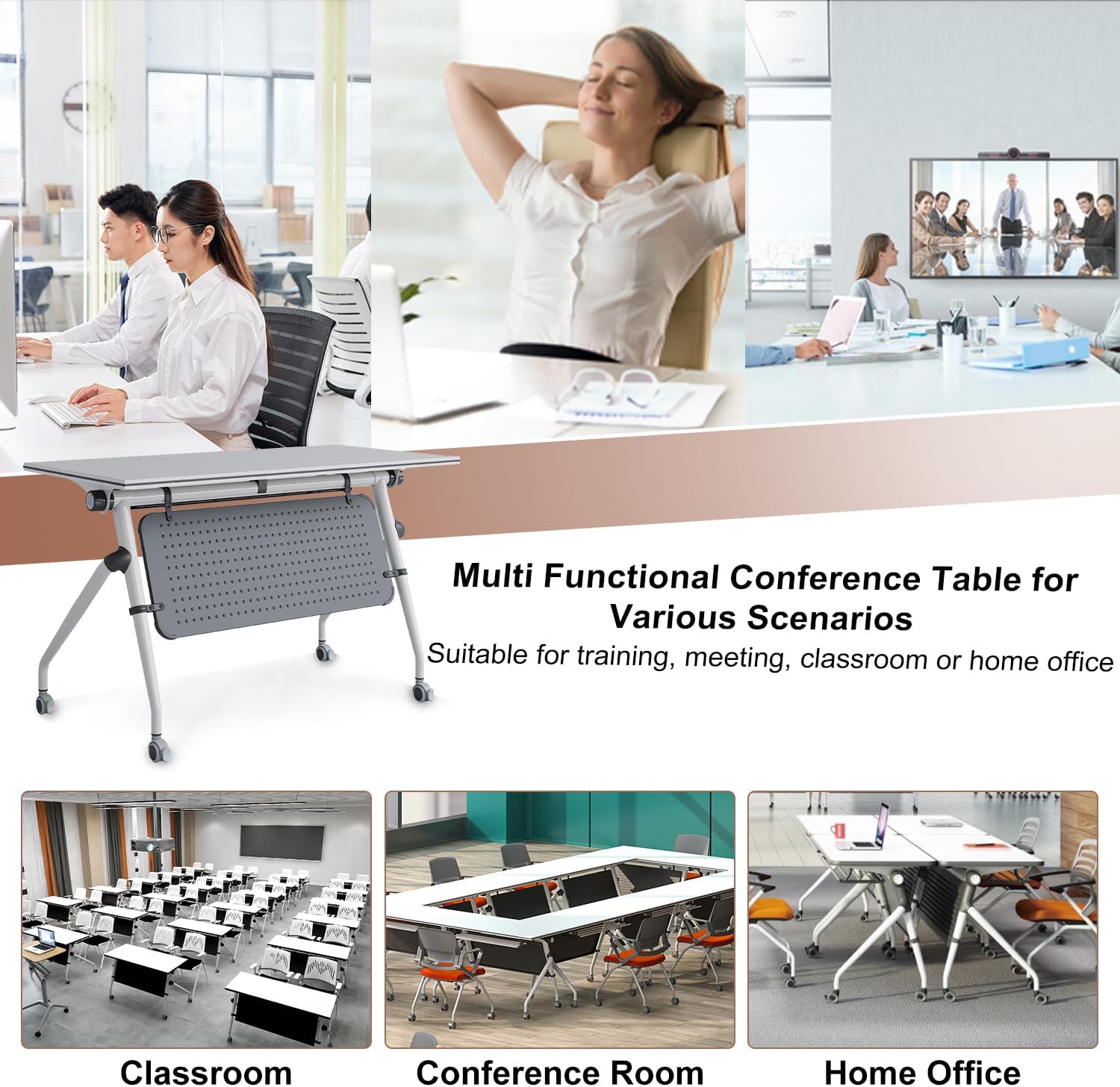 Folding Conference Table,Large Rectangle Conference Room Tables for 12People,Rolling Meeting Seminar Table with Wheels,Mobile Training Table Modular Business Tables for Office Meeting Room (4, 47.2")