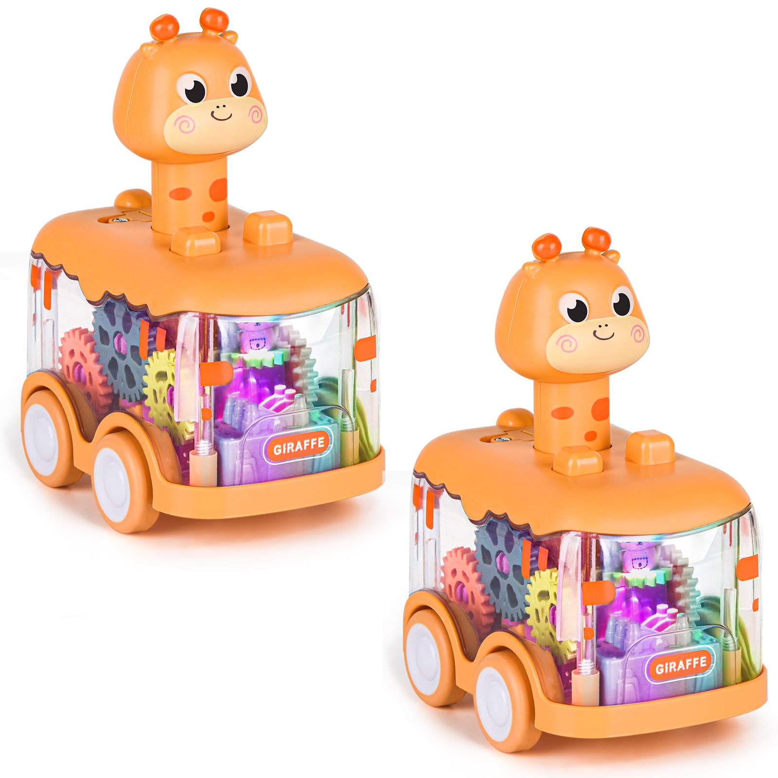 ShinySong Press and Go Car for Toddlers, 2 Pack Light Up Baby Animal Car Toys with Visible Gears, Birthday Gifts for Boys Girls, Giraffe 2PCS