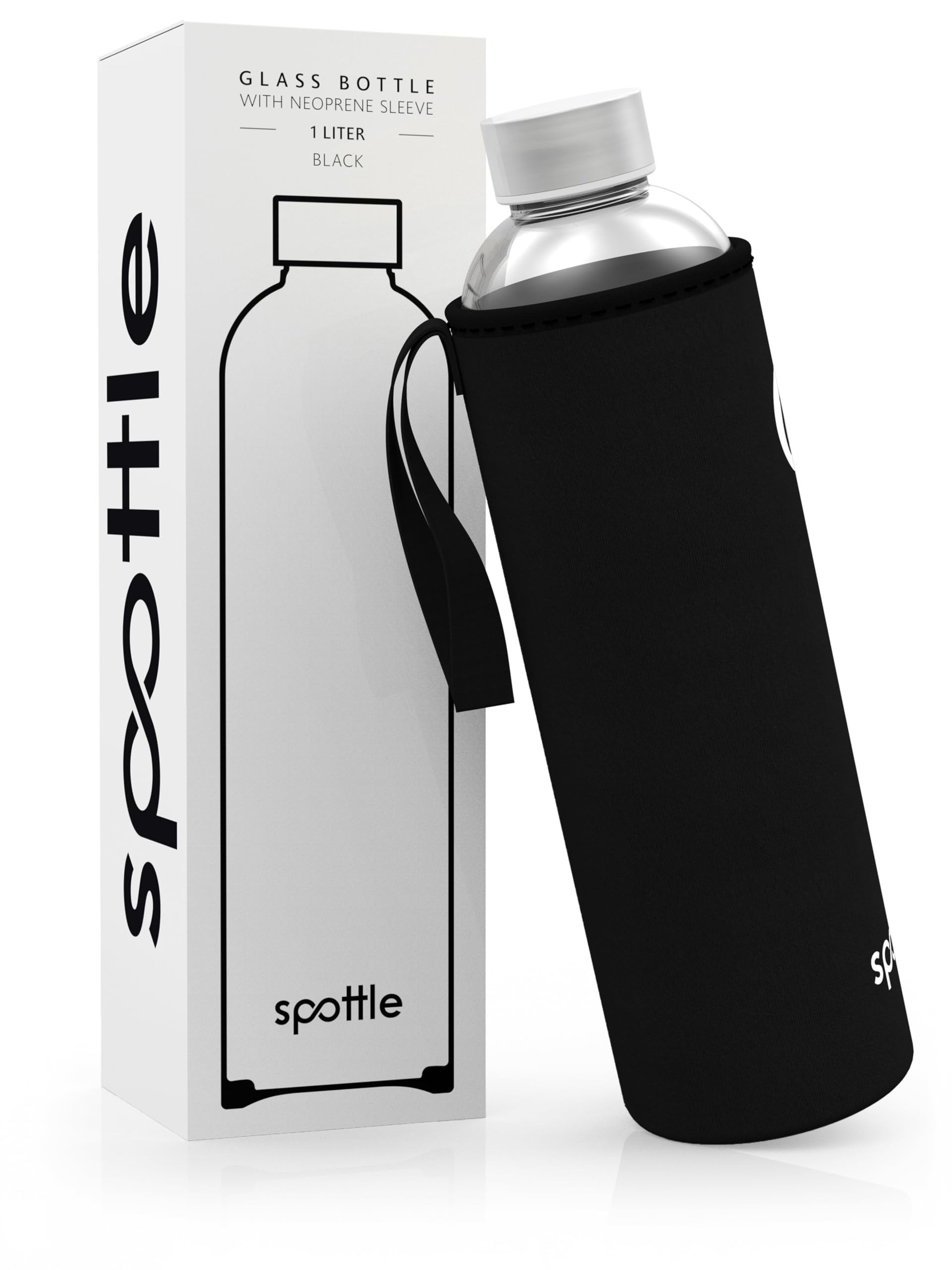Spottle Black Glass Water Bottle With Neoprene Sleeve – Borosilicate Drinking Container, Dishwasher Safe, Bpa Free, 1L, Suitable For All Beverages