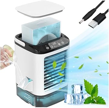Cooling Fan with Ice Box and Mist Function 2024 Upgraded Cooling Sensation, 4 in 1 Device Cooling Fan, Silent Noise Reduction, 900 ML Water Tank, 3 Levels of Wind Speed, 7 Color LEDs, Tabletop