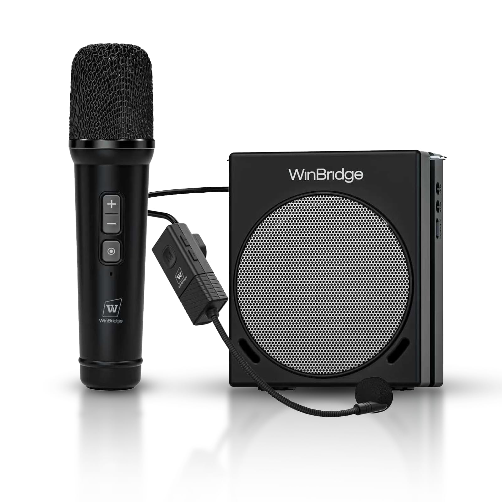 WinBridge Portable Wireless Voice Amplifier PA Speaker with Headset & Handheld Mic for Teachers, Tour, Gym, Yoga, Bluetooth UHF 30W, 65ft Range, 13h Rechargeable Battery - Black, 4.13 x 2.09 x 5'' S91