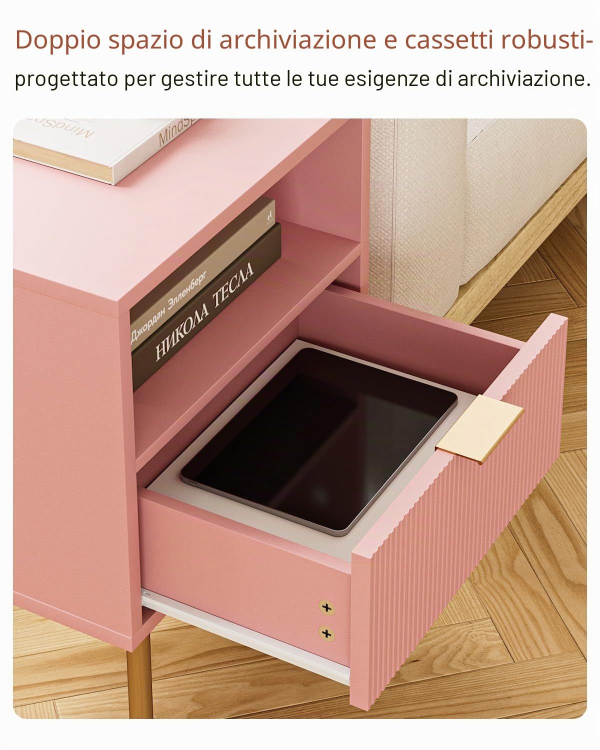 HEYZOEY Comodino, comodino con 1 ripiani aperti e 1 cassetto, comodino moderno, per camera da letto, soggiorno, rosa