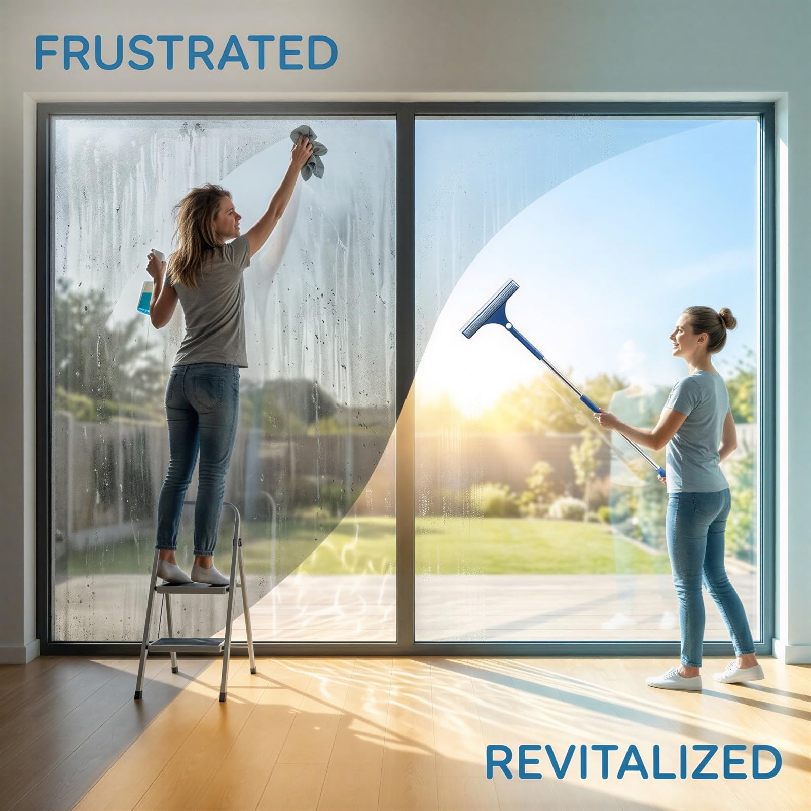 Fensterreiniger 2 in 1 mit Abzieher, ausziehbar 102 cm bis 136 cm, 180 Grad drehbare Reinigungsbürste mit Mikrofasertuch für hohe Fenster, Glas, Spiegel, Auto und Boden