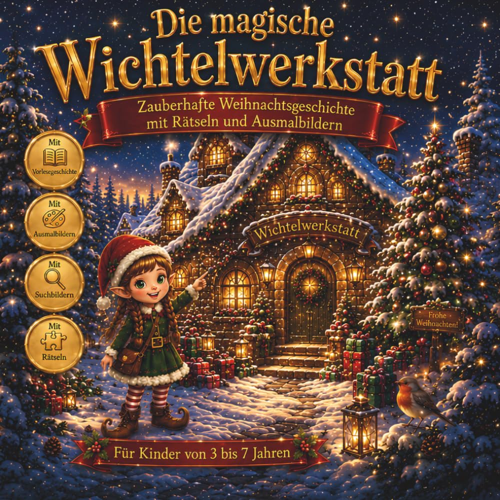 Die magische Wichtelwerkstatt: Zauberhafte Weihnachtsgeschichte für Kinder mit Rätseln, Suchbildern und Ausmalbildern
