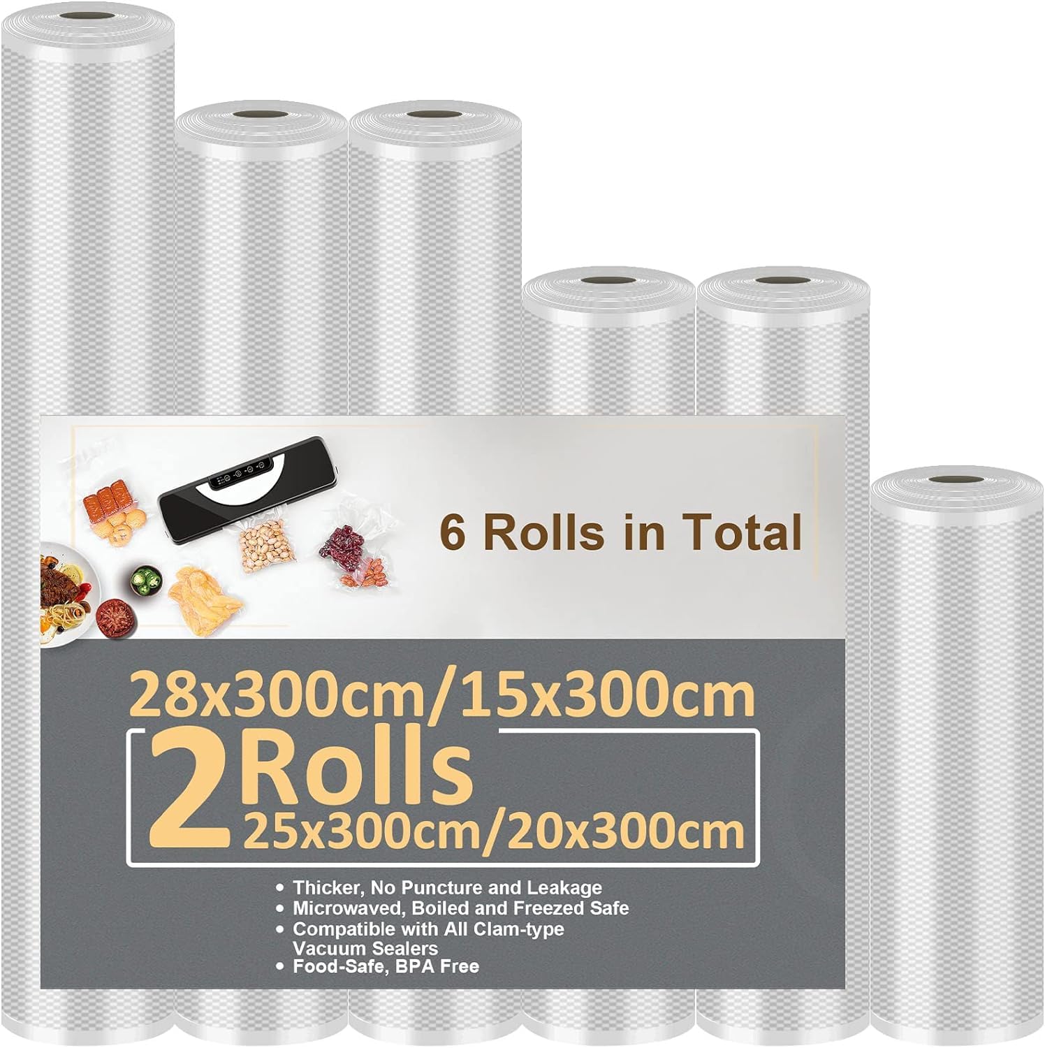 Vakuumierbeutel 6 Rollen Vakuumierfolie Lebensmittel, BPA-frei | 15/20x2/25x2/28x300cm Profi-Folienrollen Vakuumierer, stark & reißfest, für Vakuumierer, Sous Vide, Mikrowelle, Gefrieren