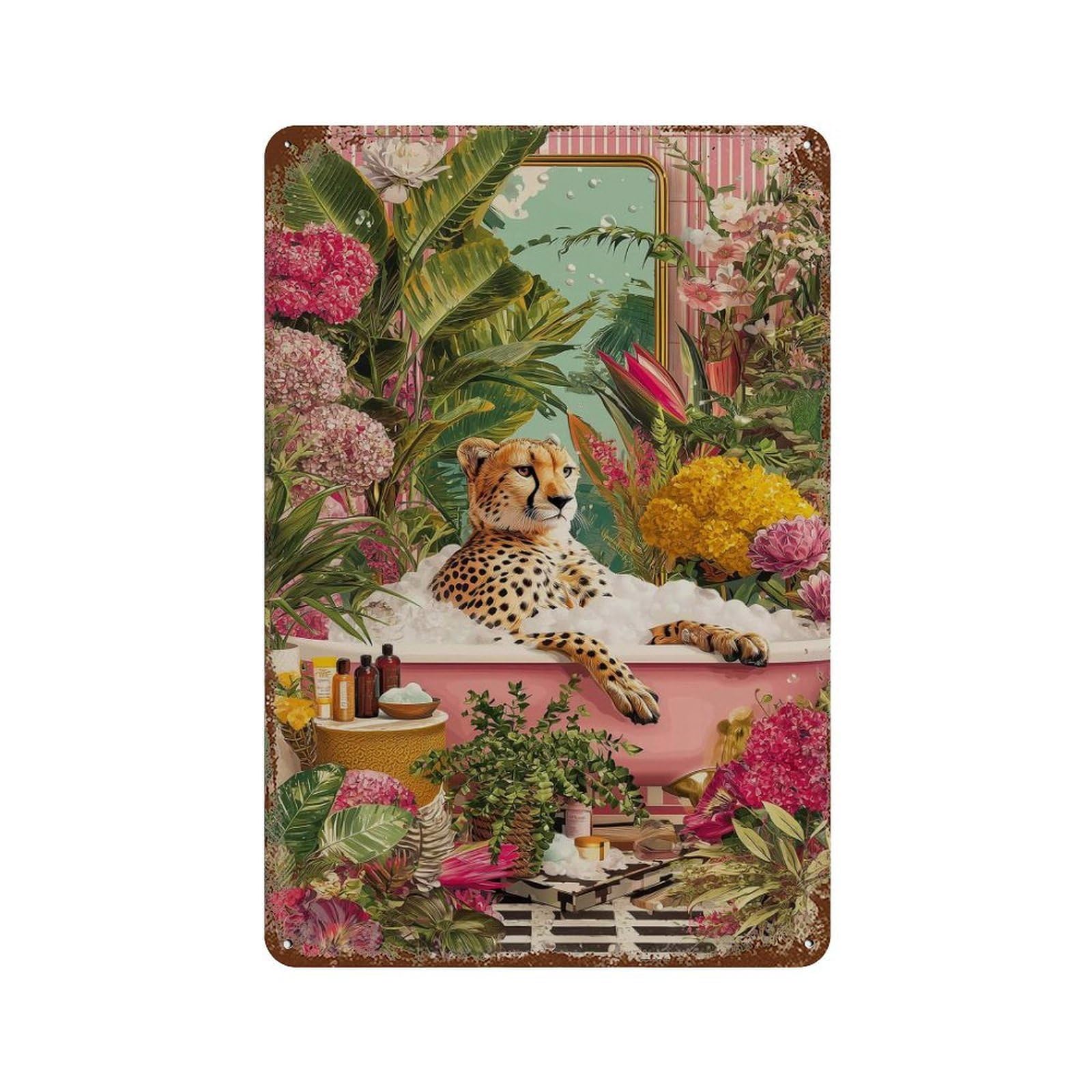 xiaoxiaoshen Cheetah in Bathtub Whimsical Jungle Bathroom Tropical Animal Colorful Floral Max Wall Decor Art Metal Tin Poster Modern Home Decor Art Home Bar Shop Decorations Vintage Sign 30x20cm