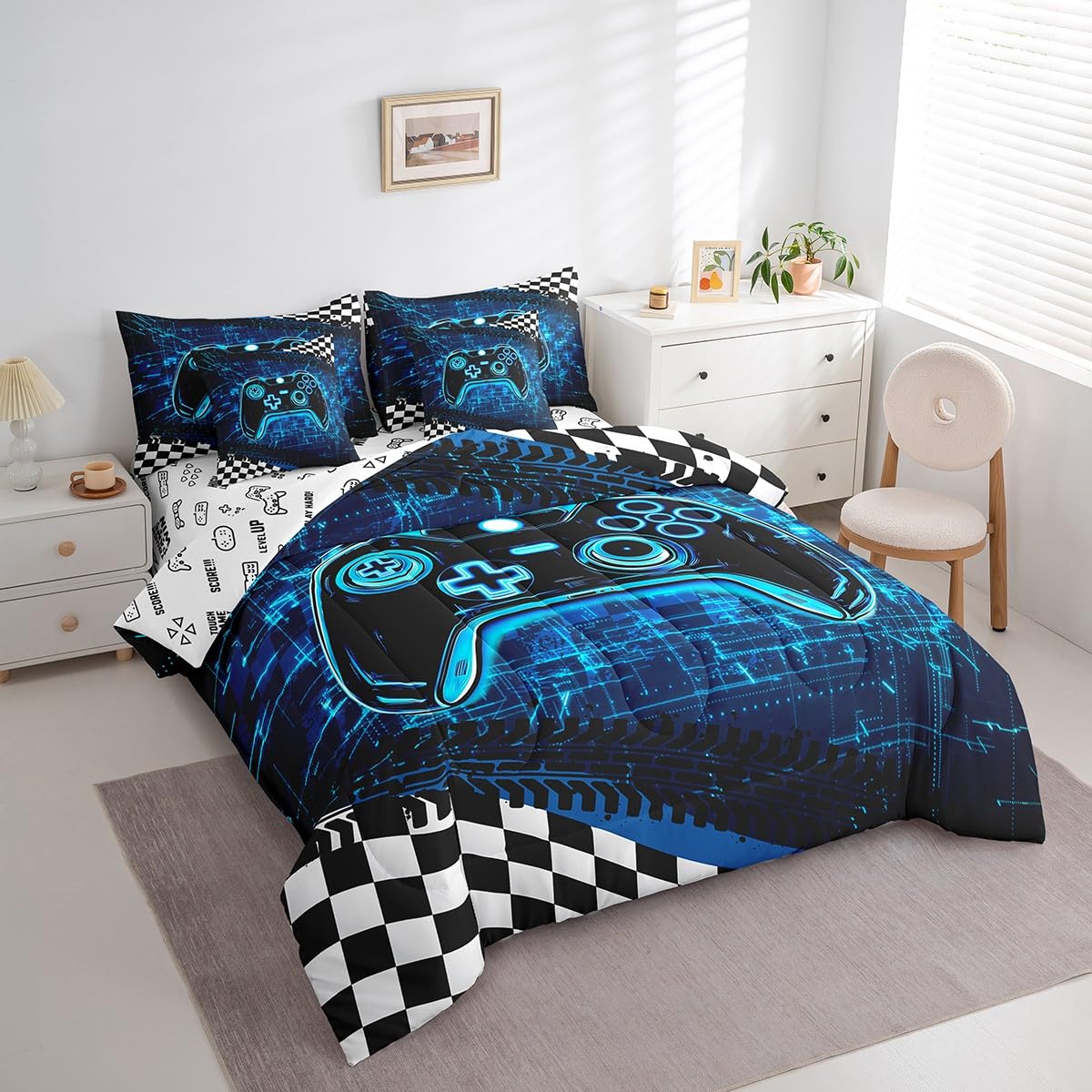 Gamer King Comforter Set – 3D Indigo Blue Gaming Bedding For Boys, Teens, Men, 3-Piece Quilt Set With Hexagon Design