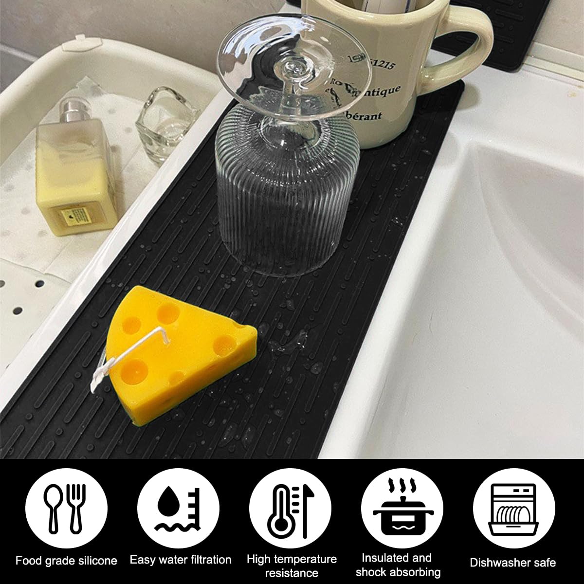 Tapis Cuisine Antidérapant Tapis Égouttoir Silicone 40.5x14.5cm - Antidérapant Résistant Chaleur - Noir Egouttoir Couvert