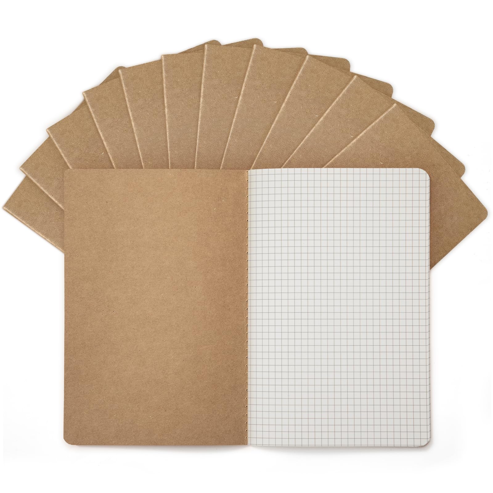 Foliom 12 Pack A5 Squared Notebook, 60 Pages, Natural Kraft Cover Grid Notebooks, 21 x 14cm, Ideal for School Office Students Artists