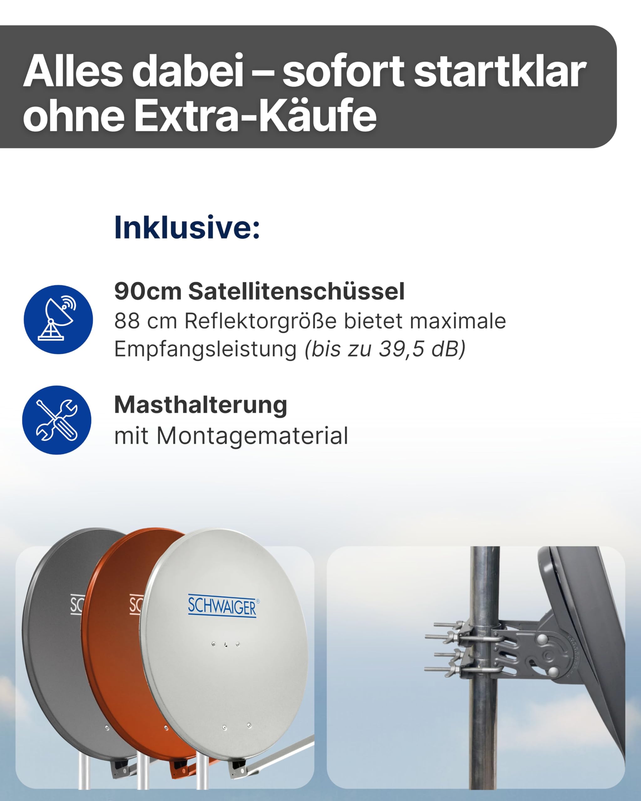 SCHWAIGER Satellitenschüssel I Ø 90 cm Aluminium Offset Antenne in hellgrau I Multifeed geeignet & wetterfest I SAT Schüssel mit LNB Tragarm & Masthalterung I maximale Empfangsleistung 39,5dB