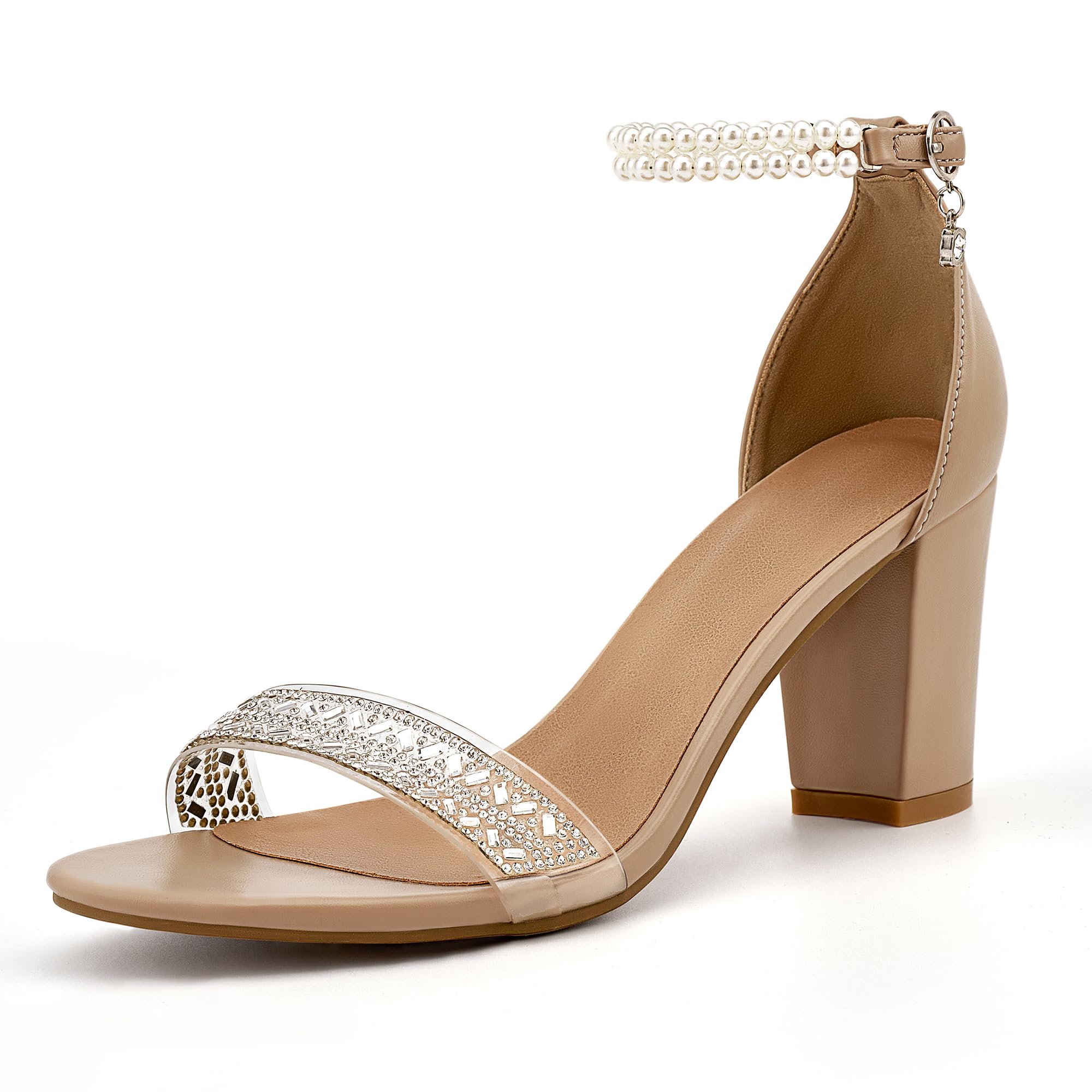 Ecetana Womens Sandals High Heels Open Toe Rhinestone Pearl Block Chunky Heeled Ankle Strap Dressy Sexy Shoes for Wedding Party