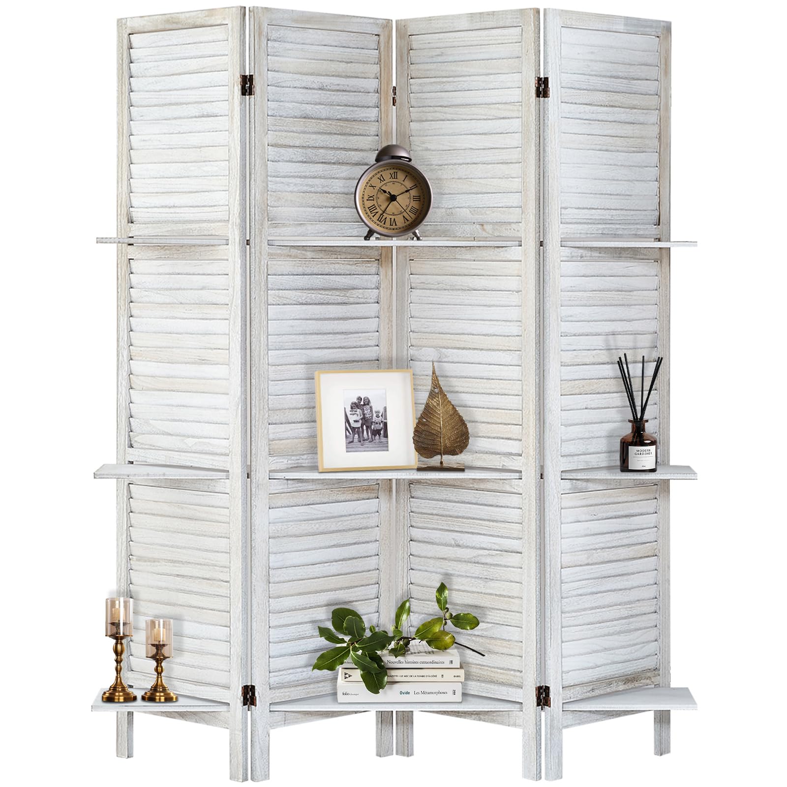 Room Divider with Shelves, Privacy Screen, Room Dividers and Folding Privacy Screens, 4 Panel Wood Temporary Wall Partition Separation Separator, Coconut