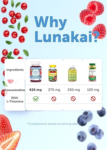 Miniatura 8 de Lunakai Gomitas de glicinato de magnesio fabricadas en Estados Unidos de 426 mg con L-teanina, calma, sueño, alivio del estrés para adultos y niños,