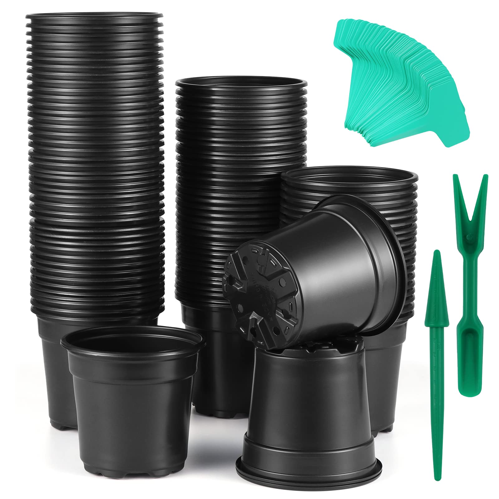 Coolty 100 Stück Pflanzentopf Pflanztöpfe Untertopf, Töpfe Pflanzen mit Pflanzenetiketten und 1 Set Mini Werkzeuge zum Umpflanzen, Schwarz (4 Inch)