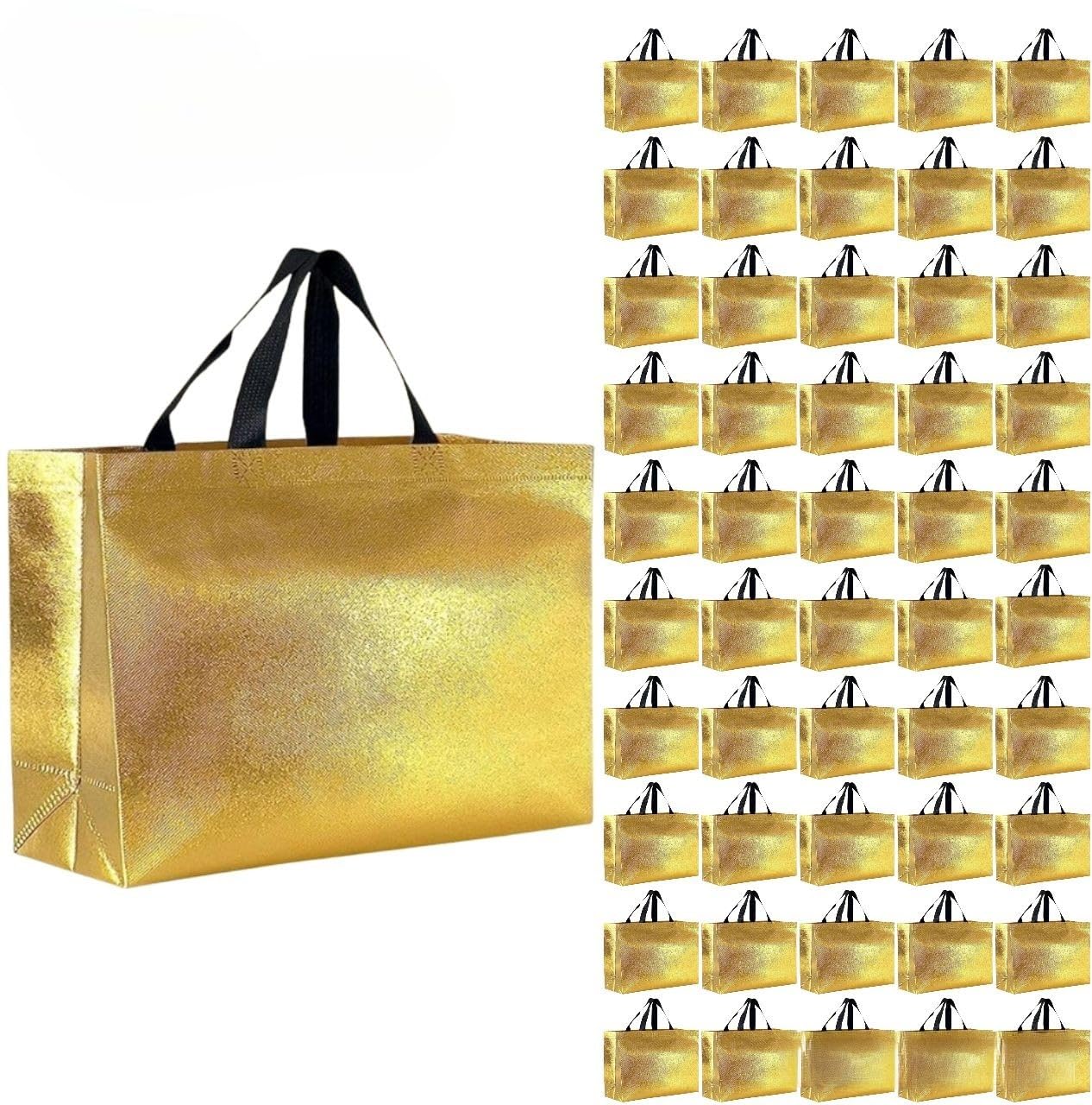 Evafly Gift Bag Large Size Pack of 50 : L12 x W17 x D5 inch|Resuable Non-Woven Shiny Metallic Laminated|Haldi Return Gifts, Jute Bags for Return Gift,Return Gift For Birthday - Large Golden