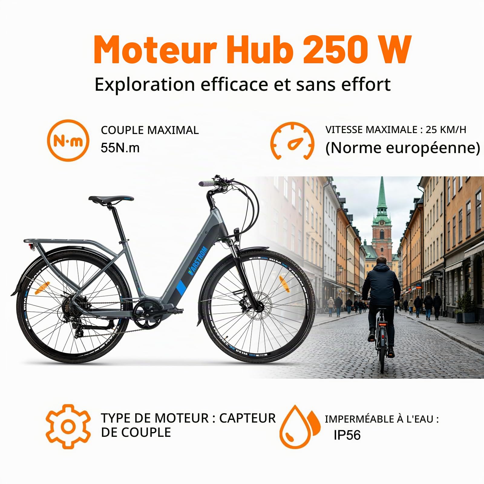 Vélo électrique pour Adultes 250W Vélo de Ville électrique Moteur arrière Femmes Hommes Vélo de Randonnée 100 km d'autonomie grâce à Une Batterie Li-ION 43,2 V 561,6 Wh 7 Vitesses