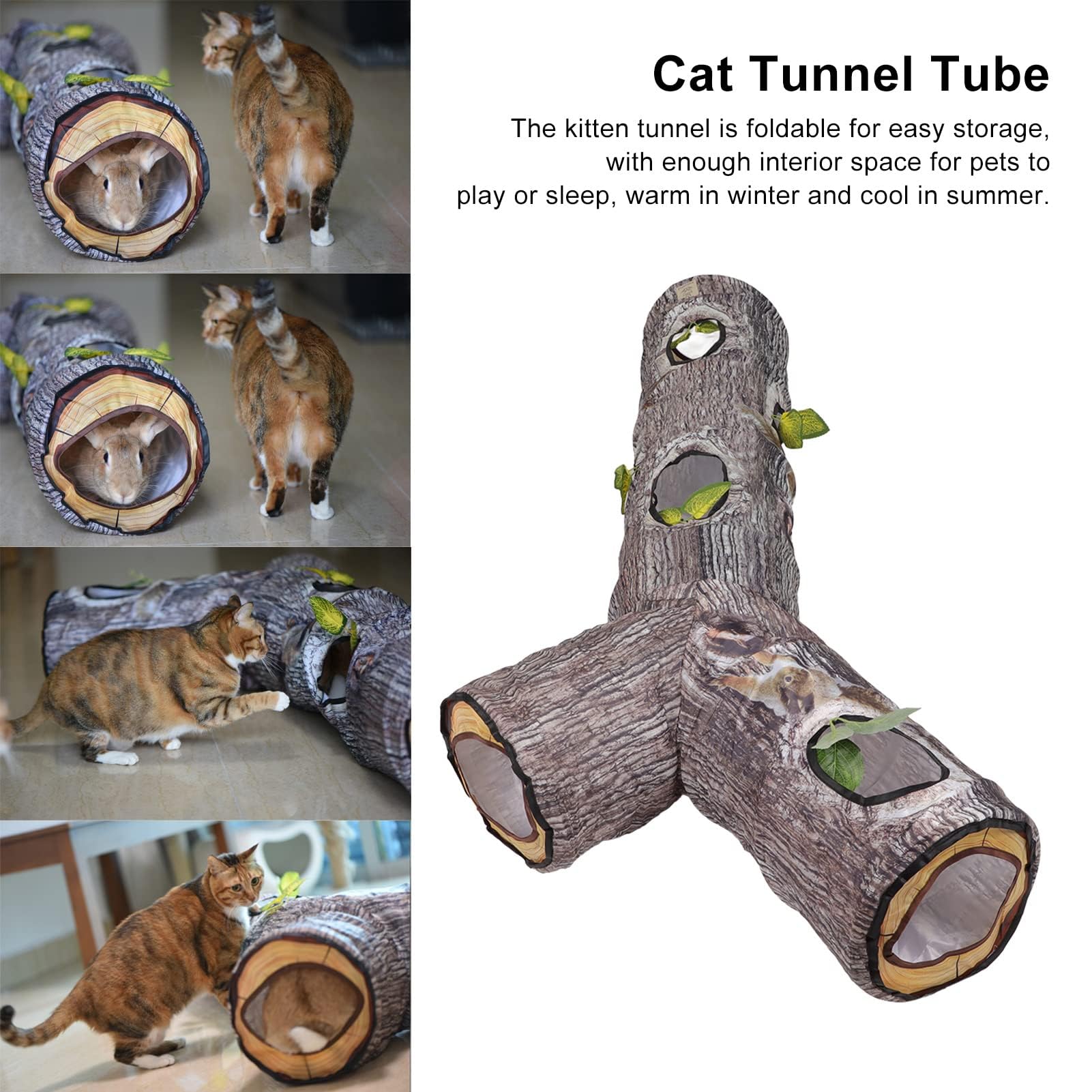 Cat Tunnel, Bunny Tunnel Cat Tube 3 Way Cat Tunnel Ferret Tunnel Cat Tunnels for Indoor Cats Large Ferret Tube Wood Grain Pet Tube - Image 2