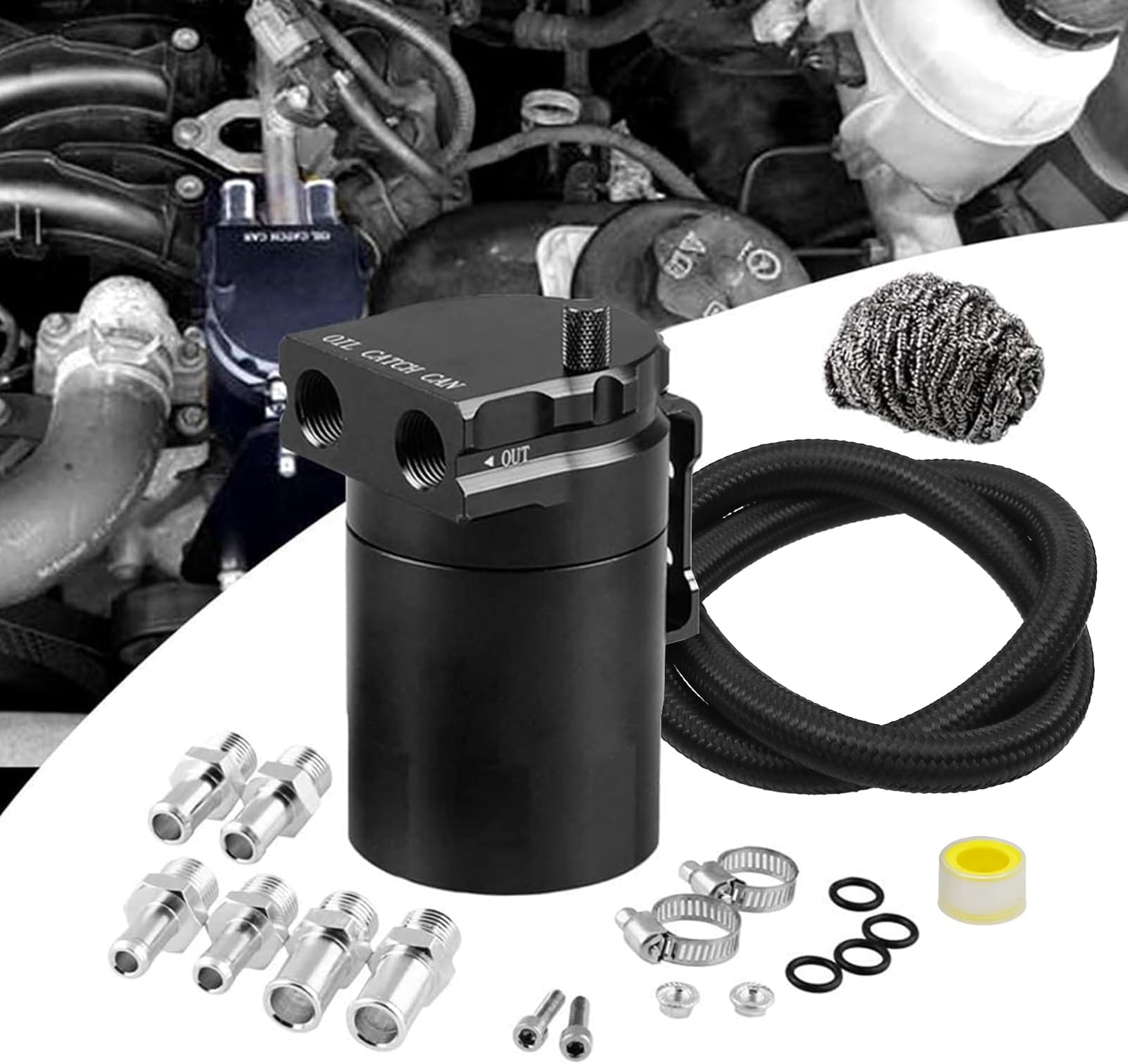 RULLINE Universal 350ml Oil Catch Can Tank 0046 Aluminum Polish Baffled Reservoir Black