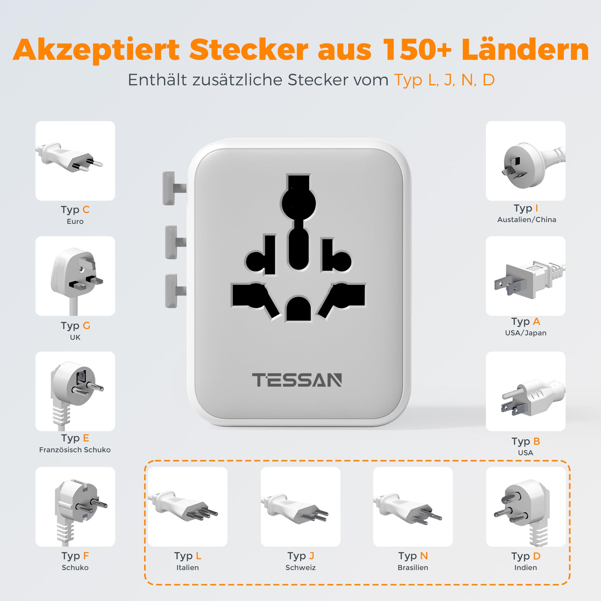 TESSAN Reiseadapter Weltweit, Universal Reisestecker mit 2 USB A und 2 USB C, Internationaler Steckdosenadapter, Universaladapter für England USA Japan Thailand Australien, Travel Adapter