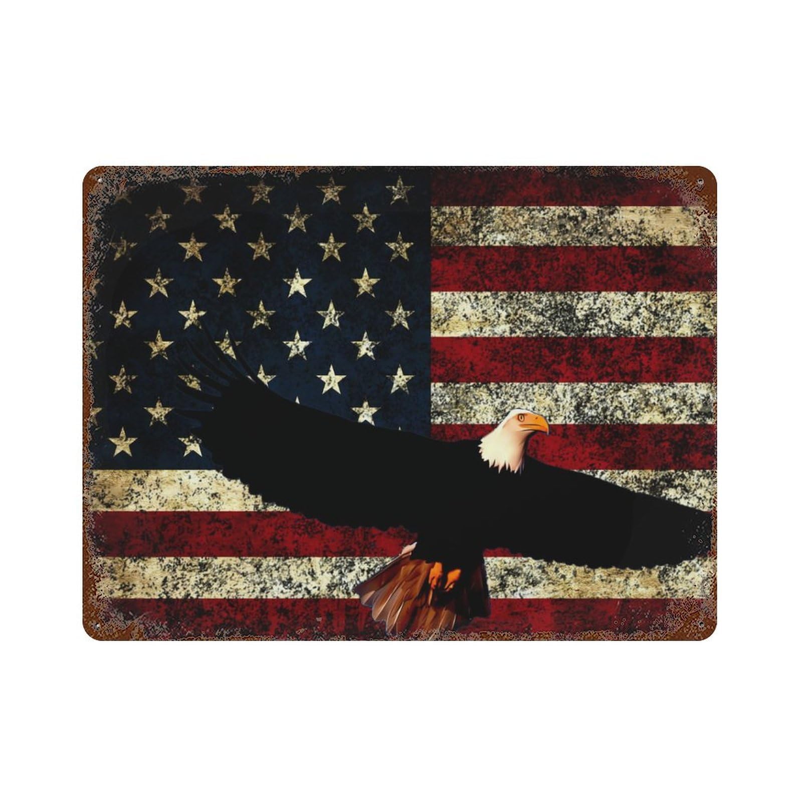 KWQDOZF Bald Eagle USA Flag Theme Metal Tin Sign,Vintage Iron Hanging Plate Horizontal with Rust Poster Wall Decor 12x16inch