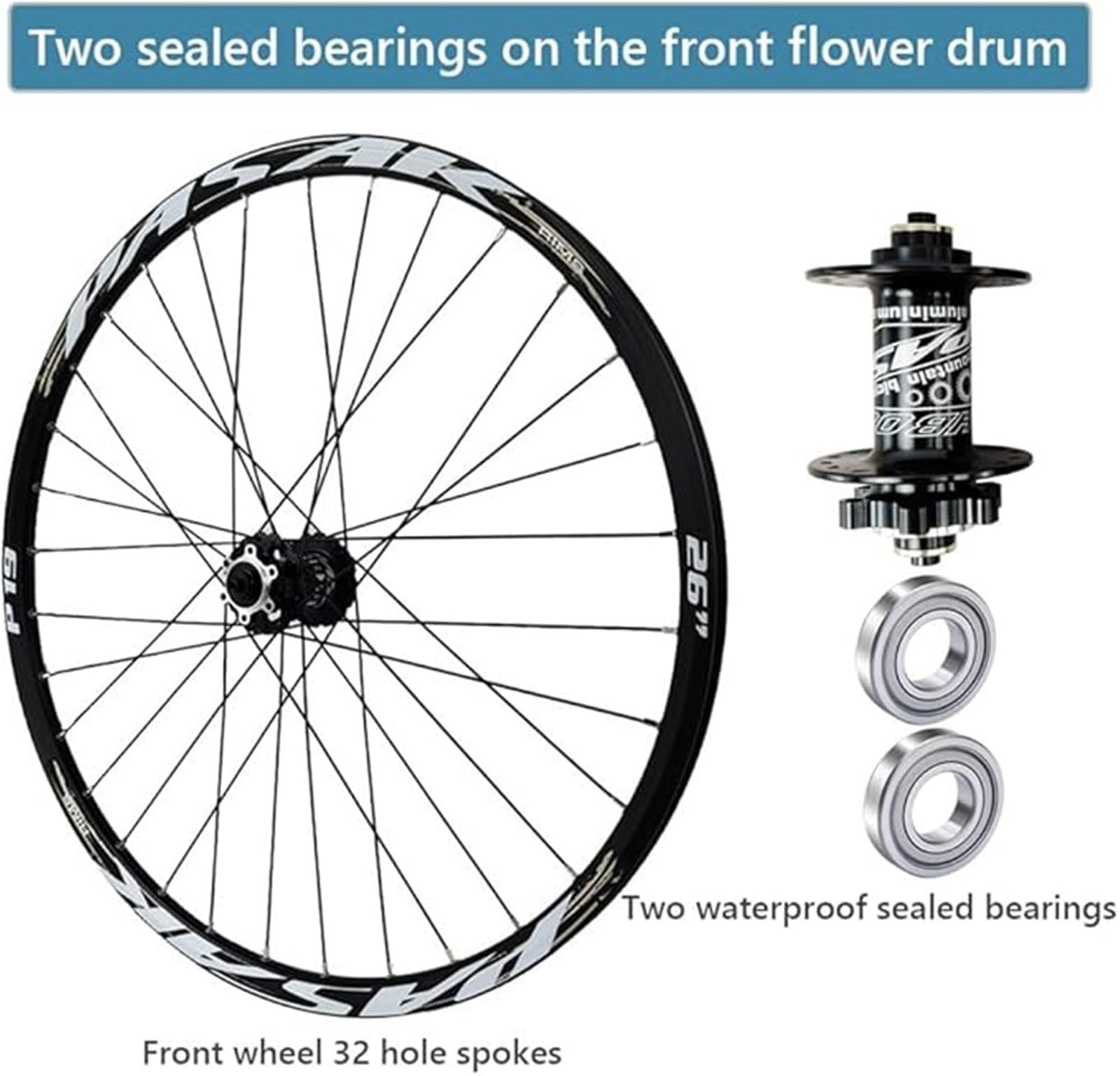 MTB zestaw kół 24/26/27,5/29", hamulec tarczowy, stop aluminium, uszczelnione łożysko, felga tylna 32H, do 7-12 biegów, 2210 g