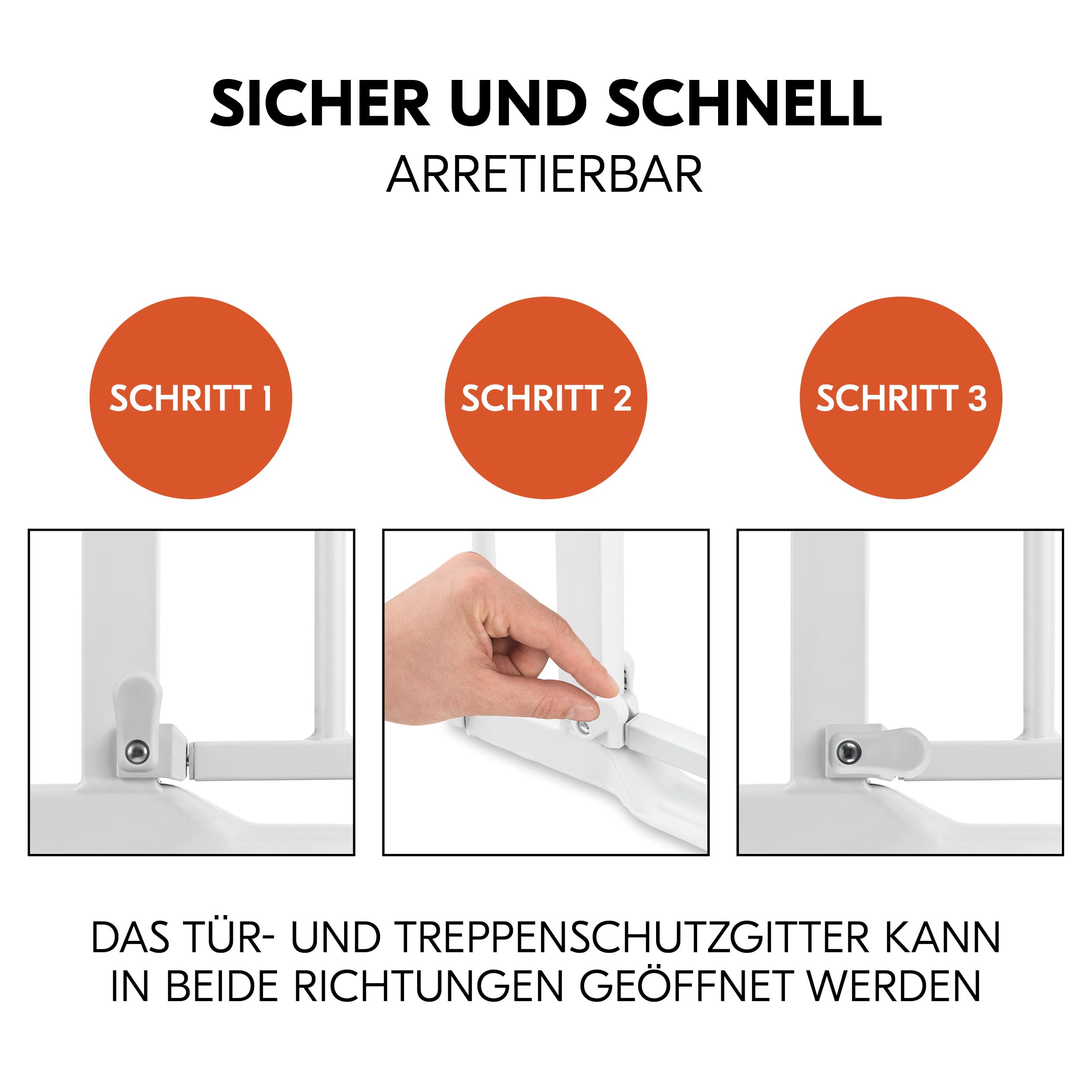 hauck Treppenschutzgitter Set Clear Step Autoclose 2 für Breiten 75-80 cm mit 3X Türstopper | Türschutzgitter mit fllacher Schwelle & Auto Schließmechanismus, ohne Bohren - Weiß