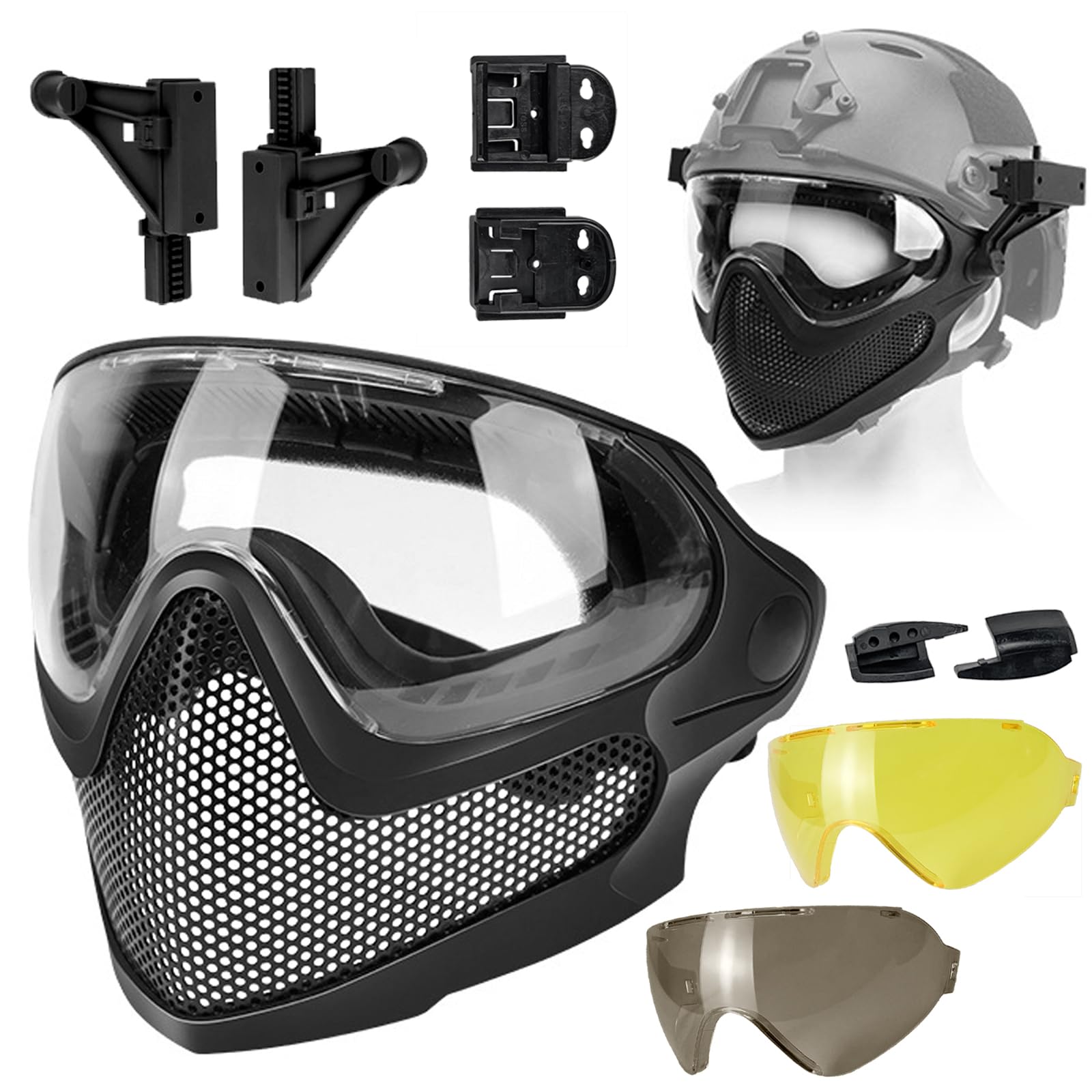 Amazon.com : HANSTRONG GEAR Tactical Airsoft Pilot Strong Protection Full Face Mask Dual Mode Goggle System w/ 3 Interchangeable Lenses Attach on Fast Helmet with Adaptors (Gray/Clear/Yellow) : Sports & Outdoors