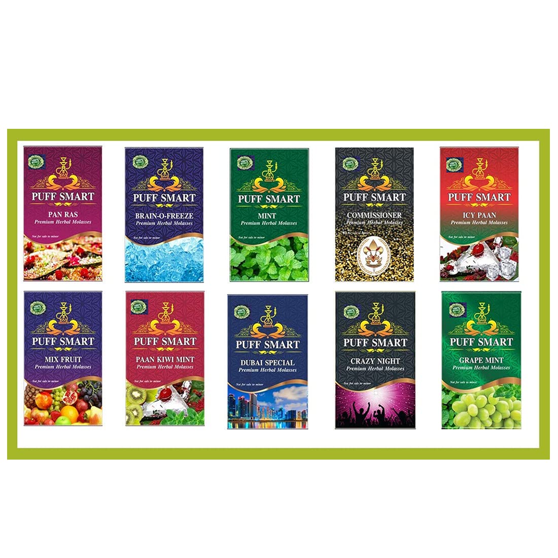 PUFF SMART Pan Ras, Mint, Commissioner, Brain Freezer, ICY Pan, Mix Fruit, PKM, Dubai Special, Crazy Night and Grape Mint Herbal Hookah Molasses (Set of 10) (100% Tobacco and Nicotine Free)