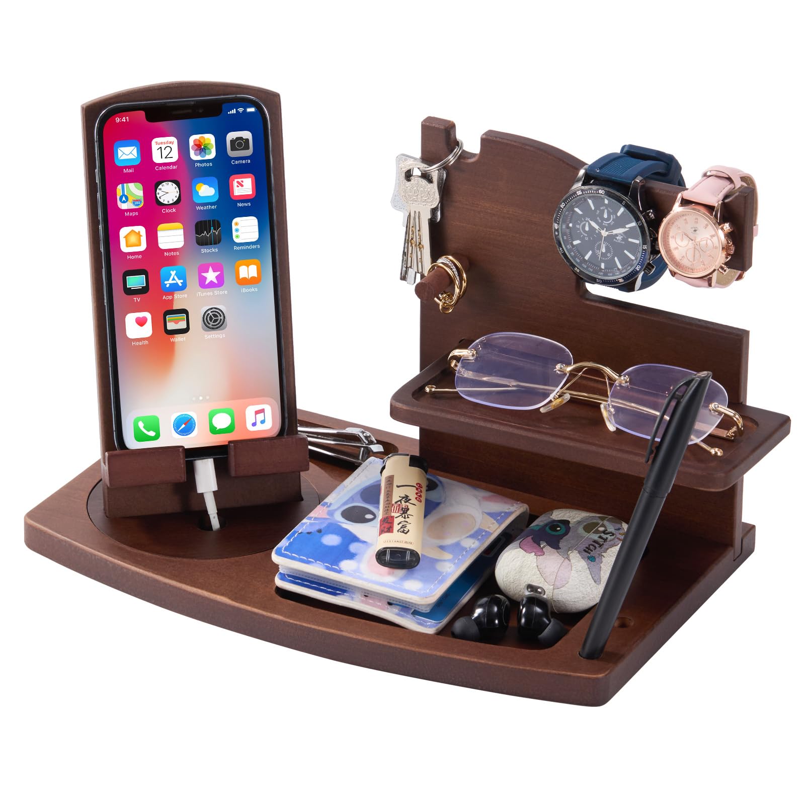 Cadeaux Originaux Pour Homme Station D'accueil En Bois Pour Téléphone Cadeau Pour Papa Organisateur De Table De Nuit Cadeaux De Noël Cadeaux D'anniversaire Pour Homme