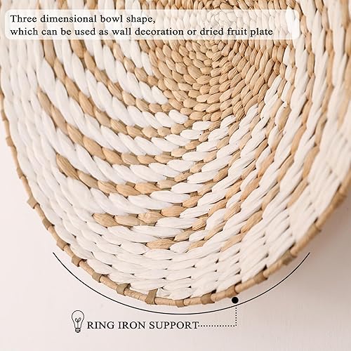Miniatura 5 de Paquete de 7 cestas de pared bohemias  Decoración de pared de mimbre de ratán de hierba marina, redonda, hecha a mano, colgante, rústico, plano,