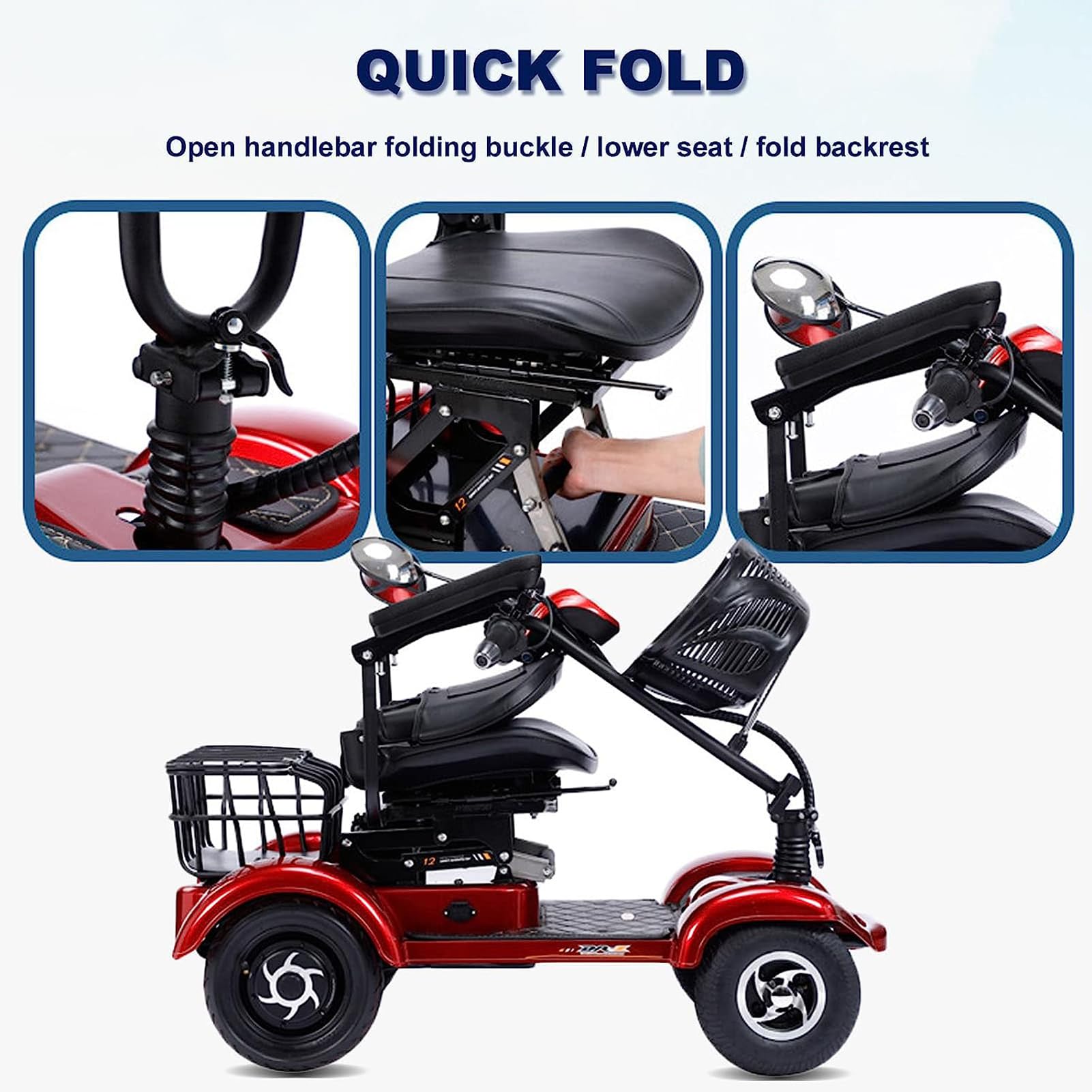 4 Wheel Mobility Scooter, Electric Power Mobile Scooters for Seniors Adult with Lights Collapsible and Compact Duty Travel Scooter, Up to 25 Miles Range, w/Charger and Extended Battery,Bleu
