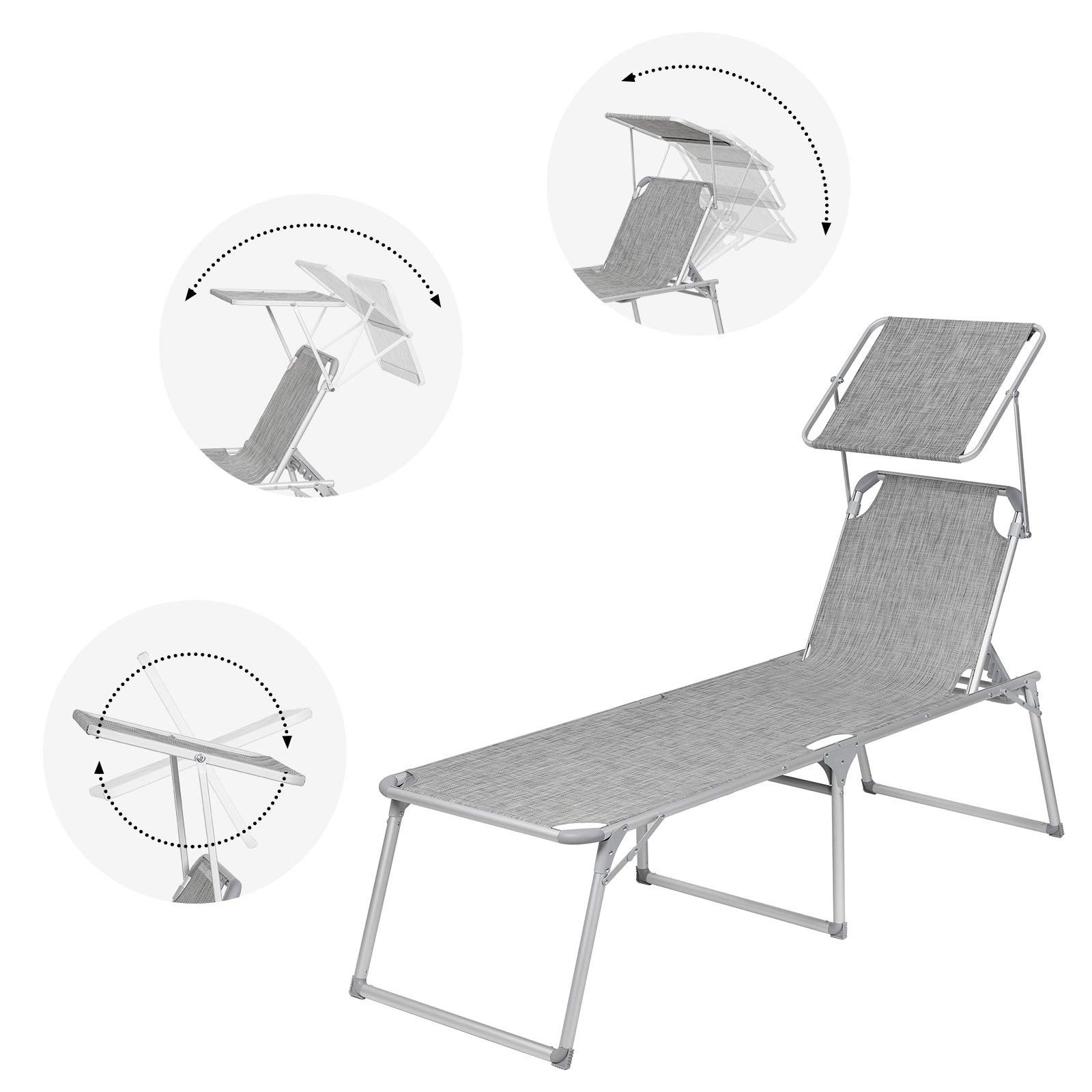 Lettino Prendisole Pieghevole Con Parasole Regolabile – Struttra In Alluminio, Textilene Impermeabile UV, Portata 110 Kg, Grigio
