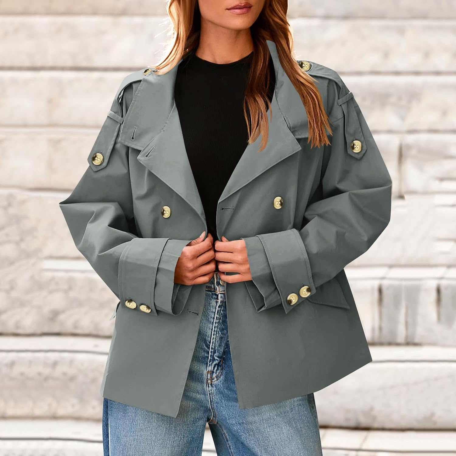 Trench Coat Women Crop Classic Double Breasted Lapel Business Casual Fall Jacket Coats Trendy Oversized Outerwear
